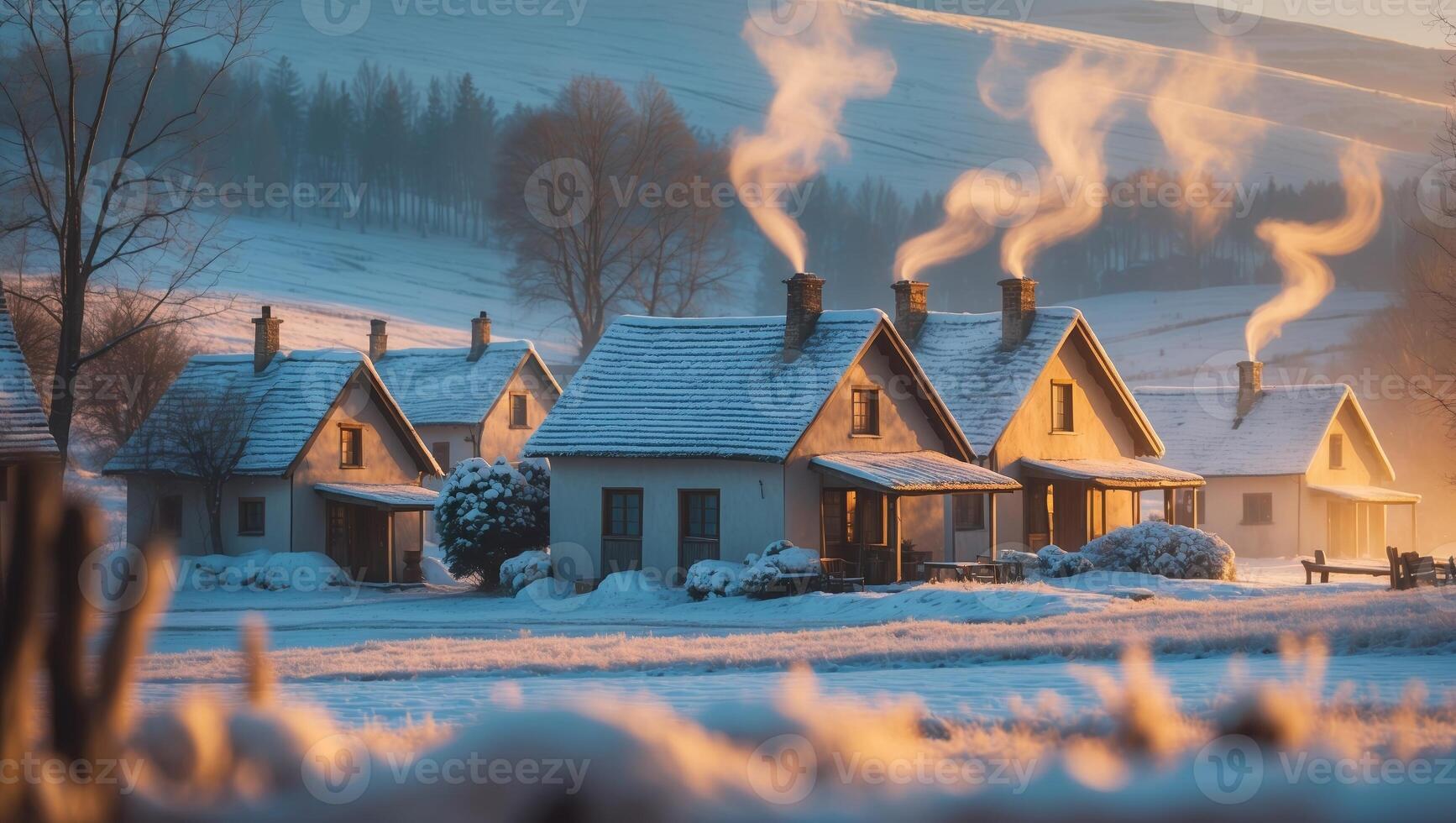 Cozy winter morning in a snow-covered village with smoke rising from chimneys photo
