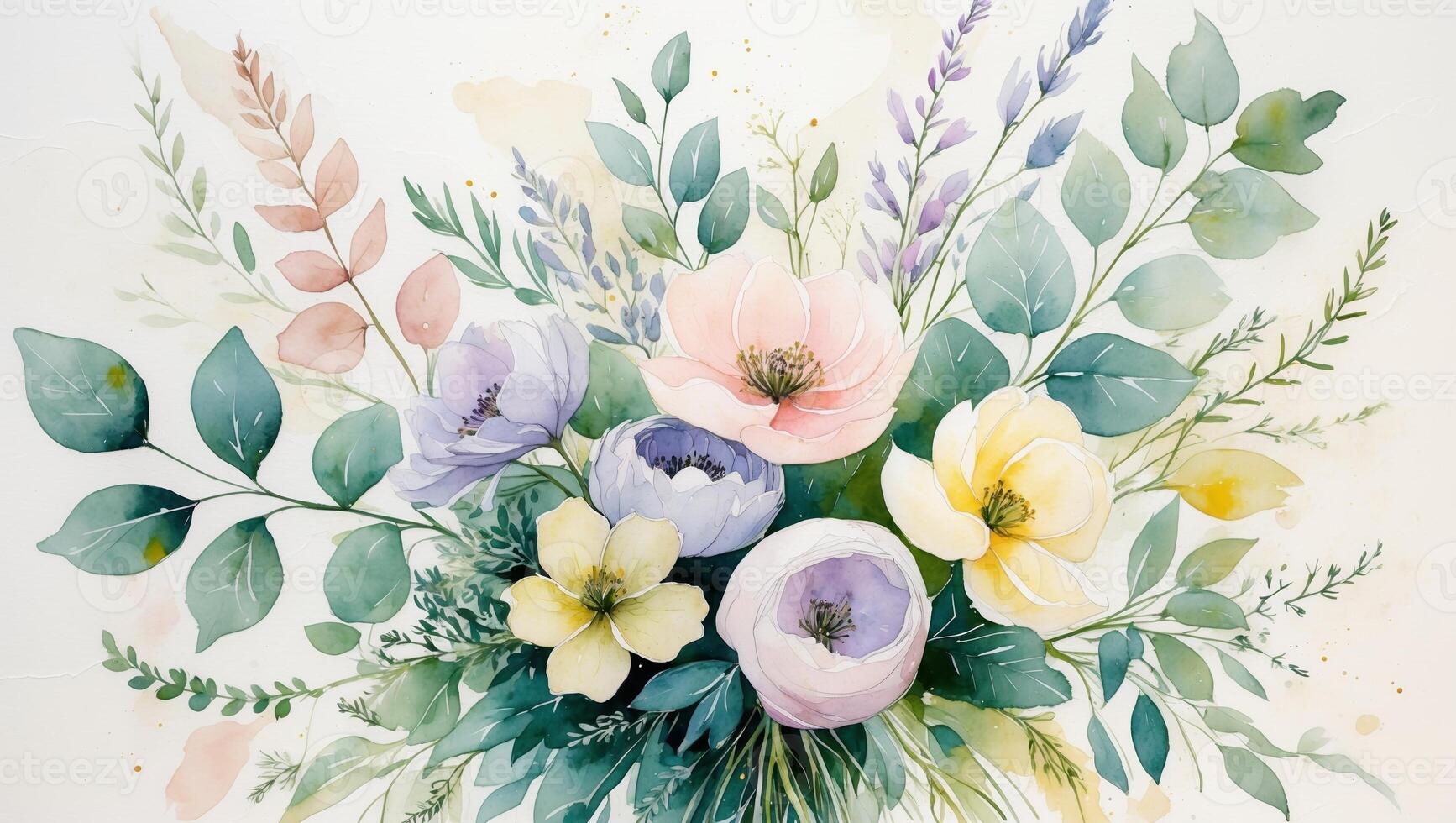 Beautiful watercolor floral arrangement with pastel colors and delicate leaves photo