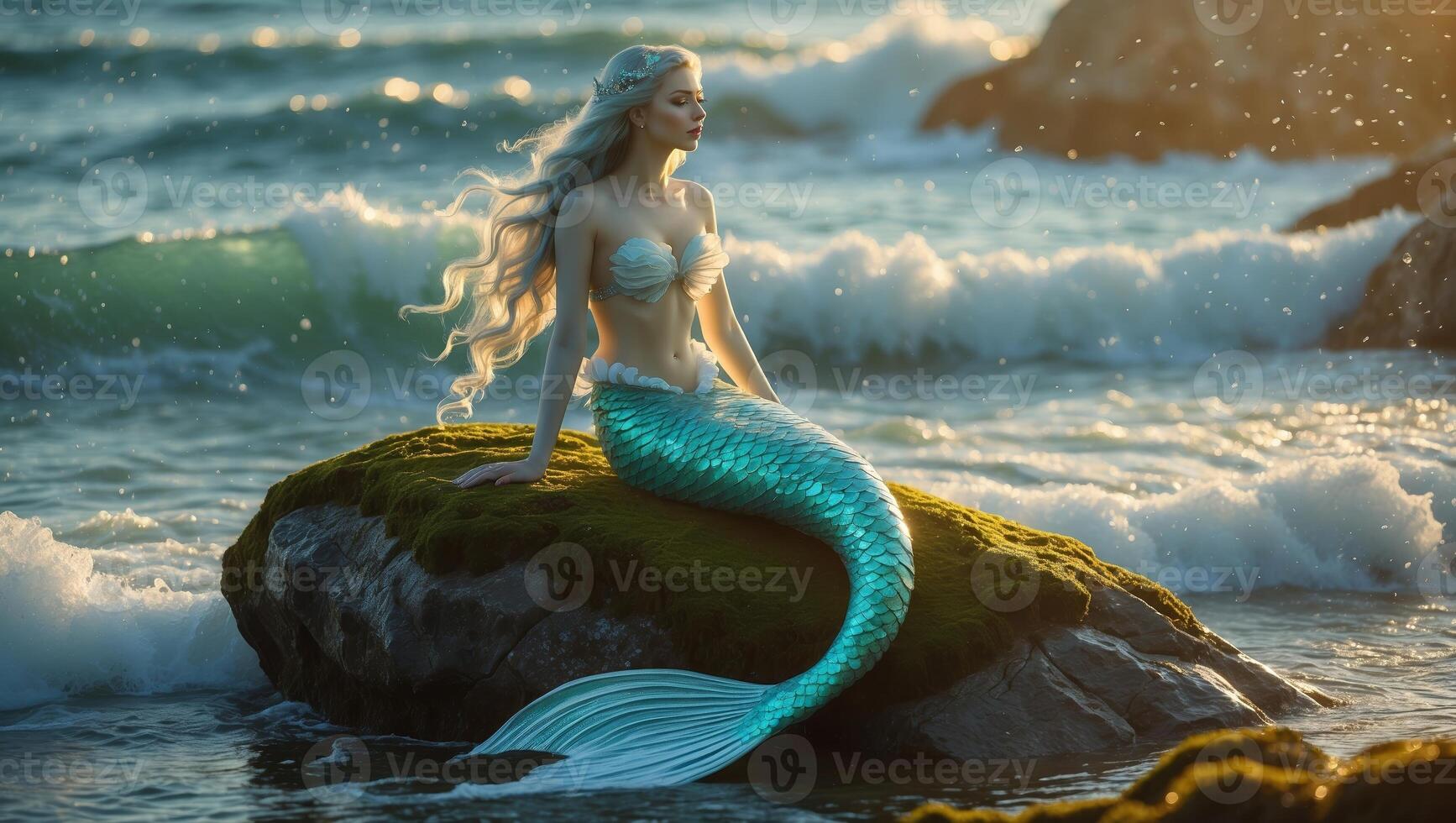 Mermaid resting on a rock by the ocean during sunset with vibrant waves and natural scenery photo