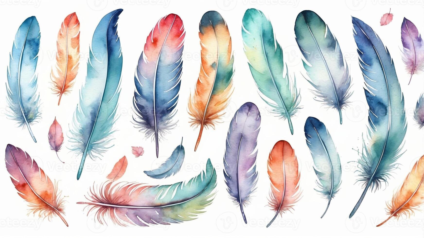 Colorful watercolor feathers in various shapes and sizes arranged creatively on a white background photo
