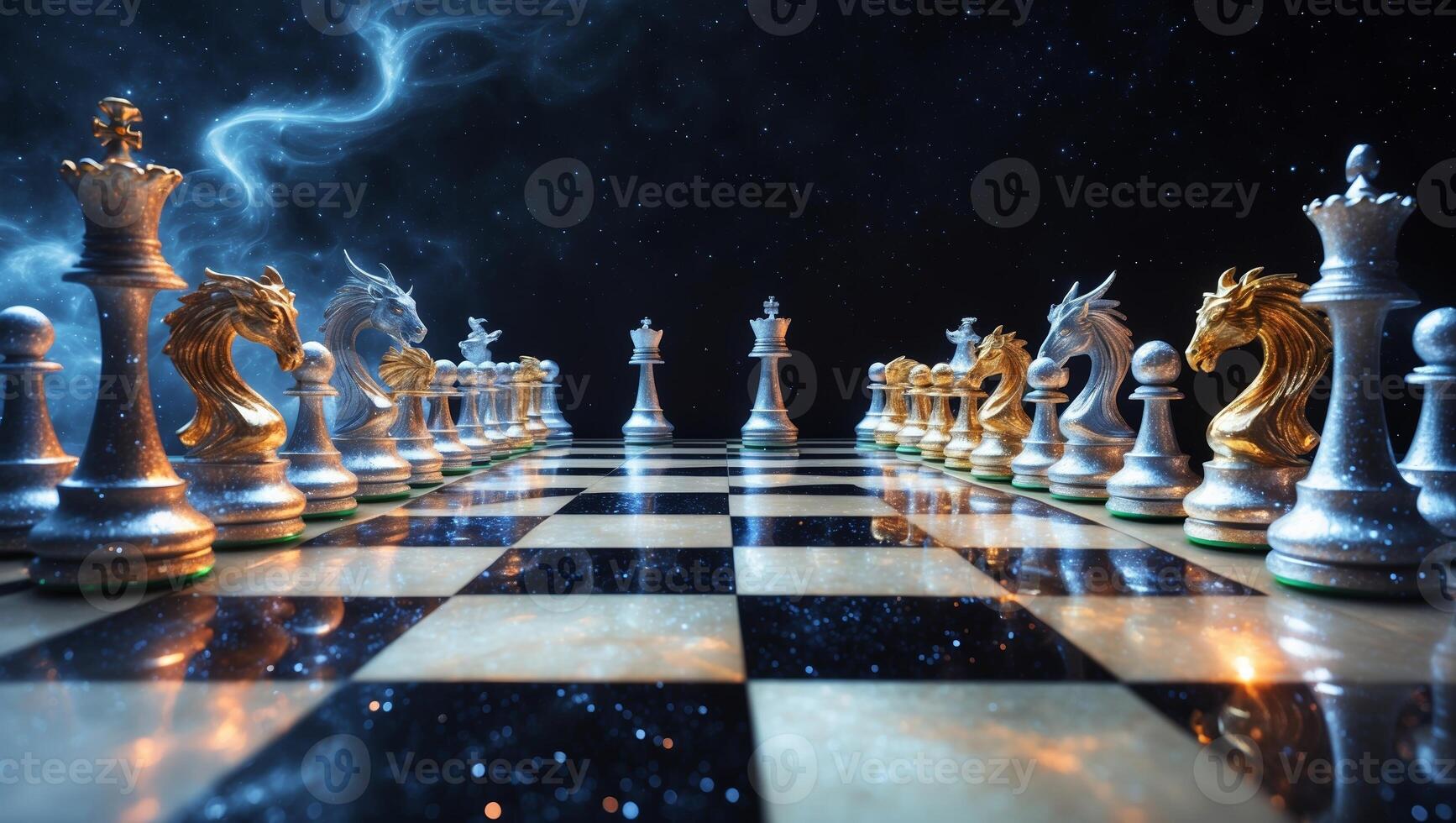 Intricate chessboard setup showcasing ornate pieces in a mystical atmosphere during a dramatic showdown photo