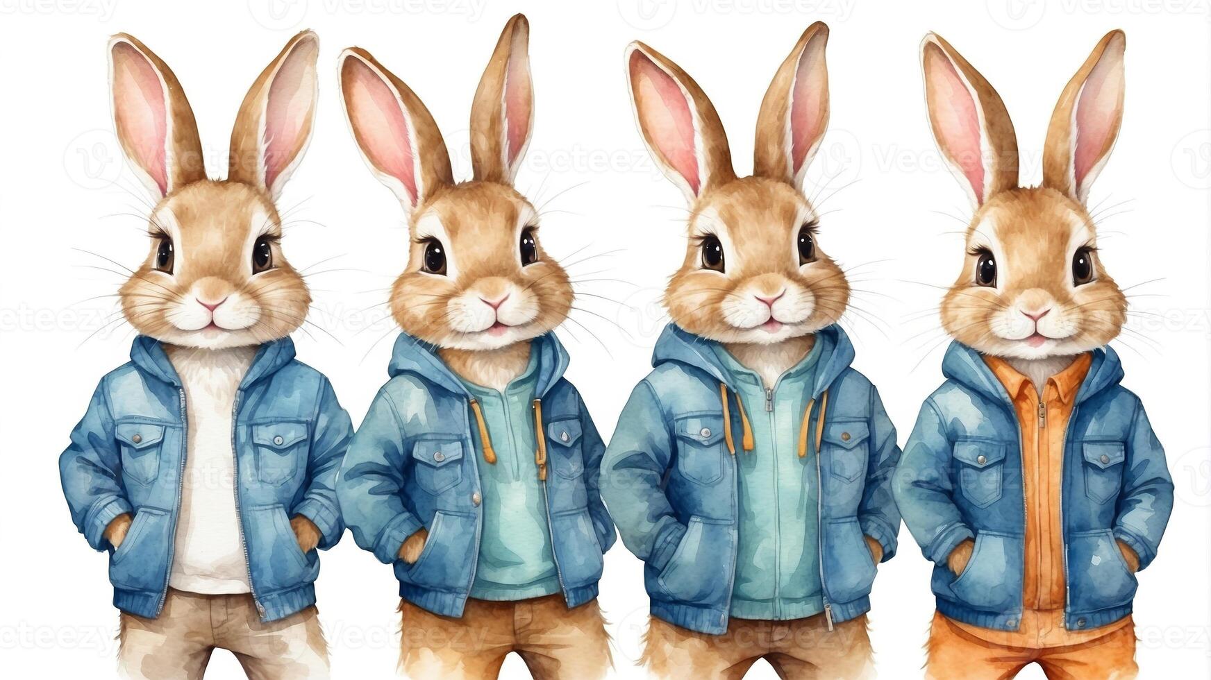 Cute rabbits in stylish jackets posing together in a whimsical setting showcasing their playful personalities photo