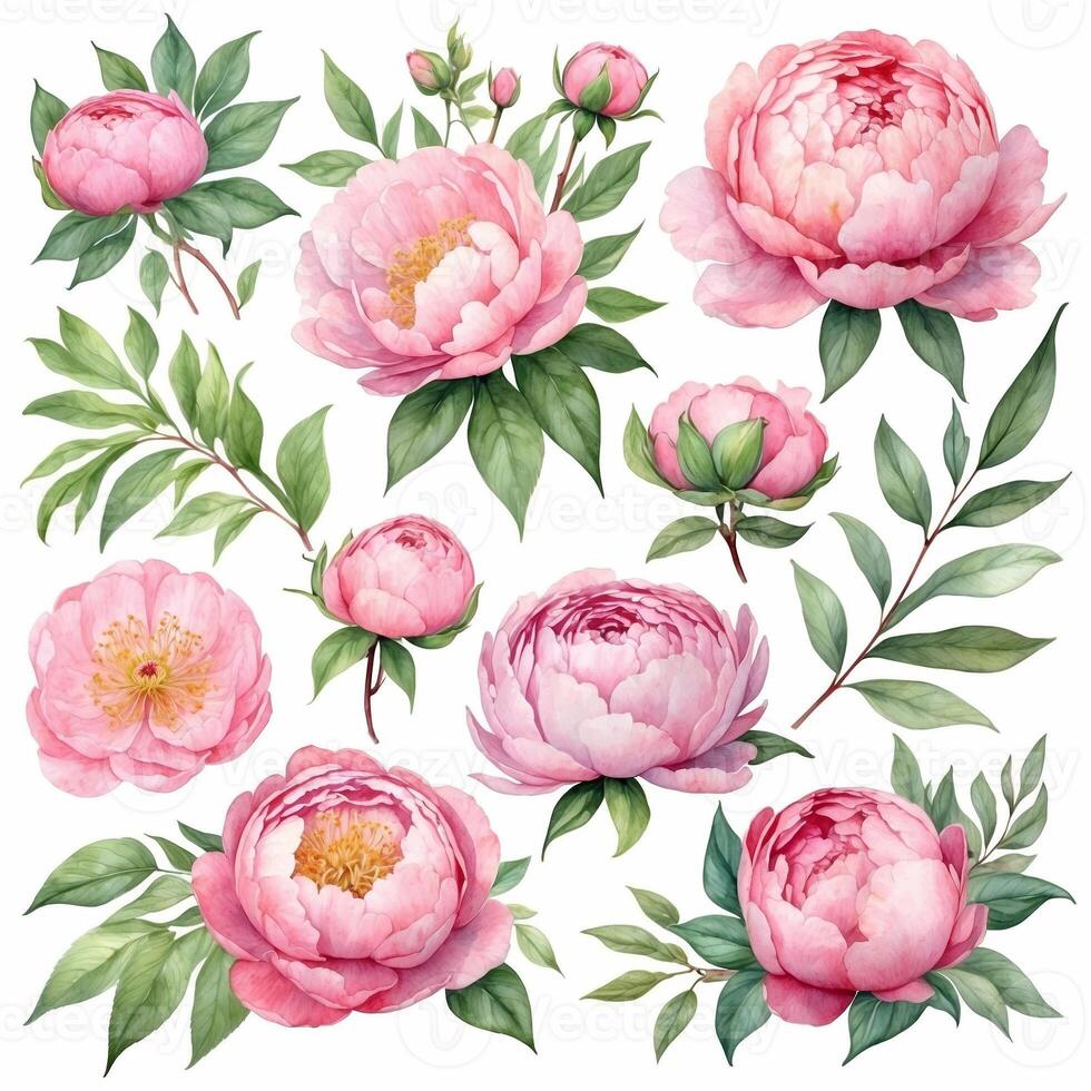Pink peonies arranged beautifully with soft green leaves on a white background for artistic inspiration photo