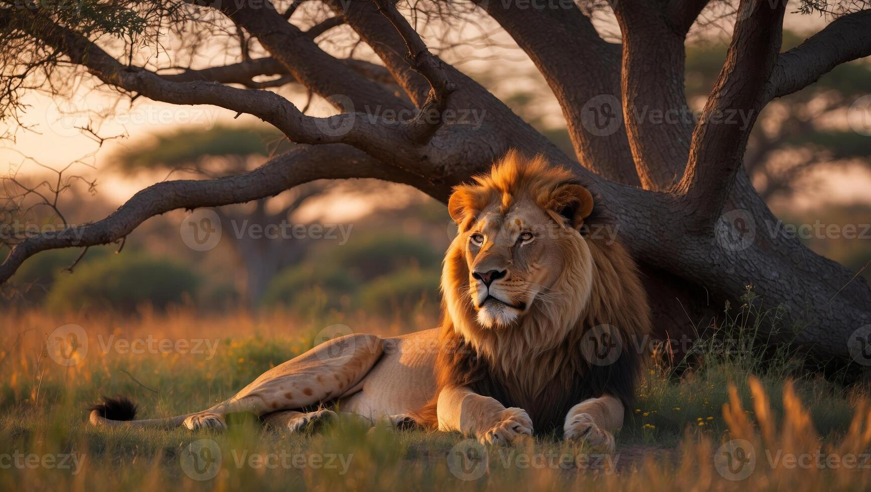 Majestic lion lounging under a tree during golden hour in a serene African landscape photo