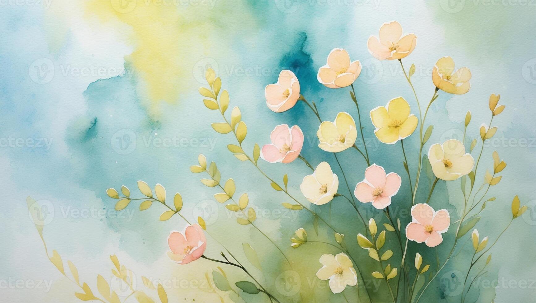 Beautiful watercolor painting of blooming flowers in soft pastel colors against a serene background photo