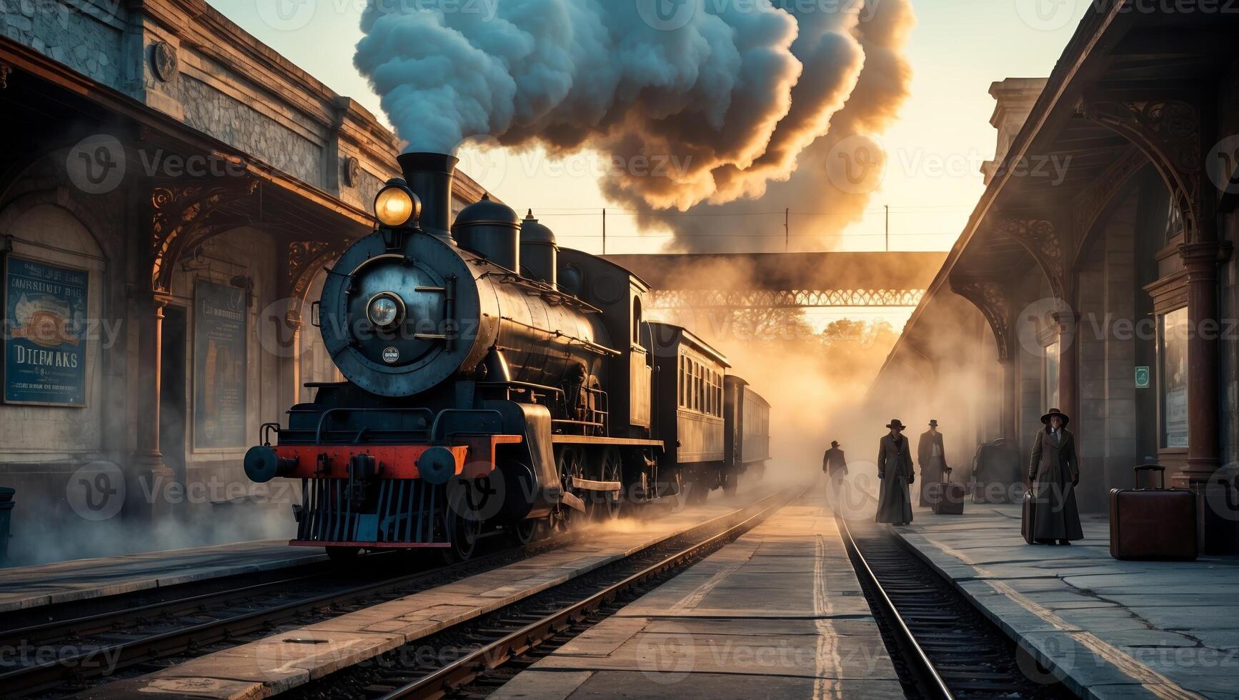 Steam locomotive departs from historic train station at dawn, creating an atmospheric scene with mist and vintage architecture photo