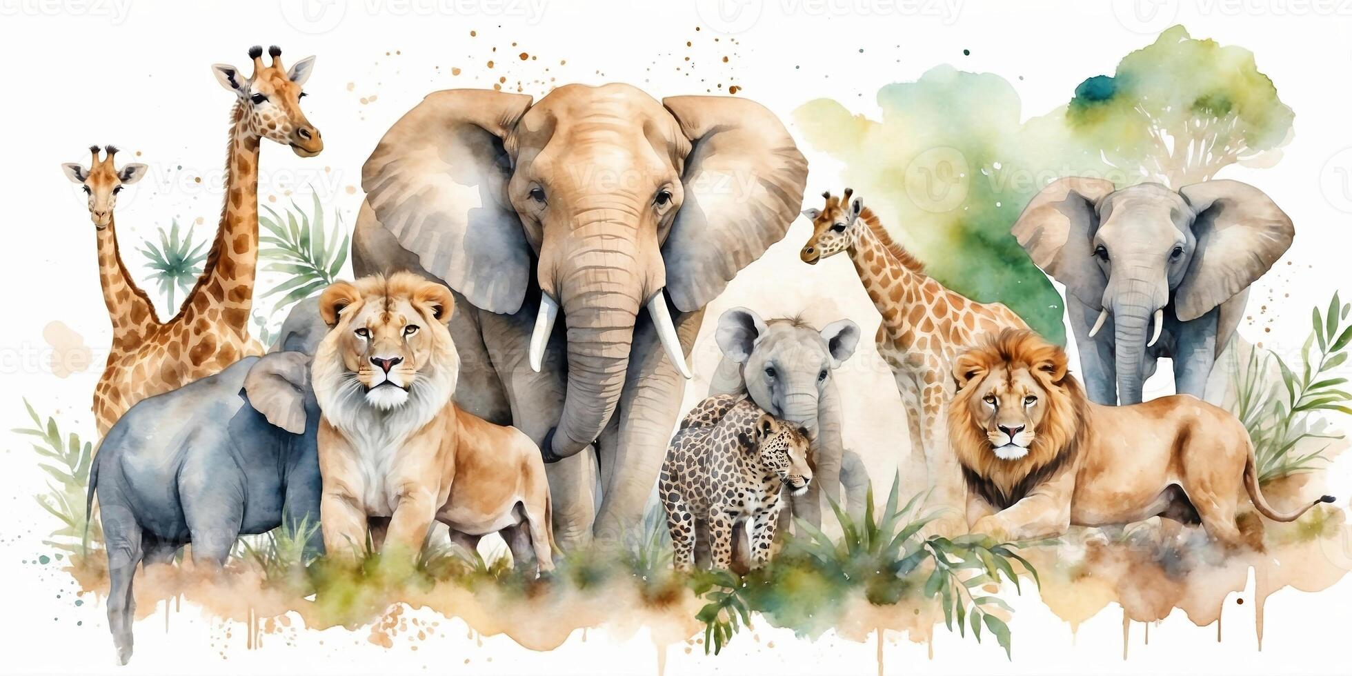 Wildlife gathering of elephants, lions, giraffes, and leopards in a serene natural habitat photo
