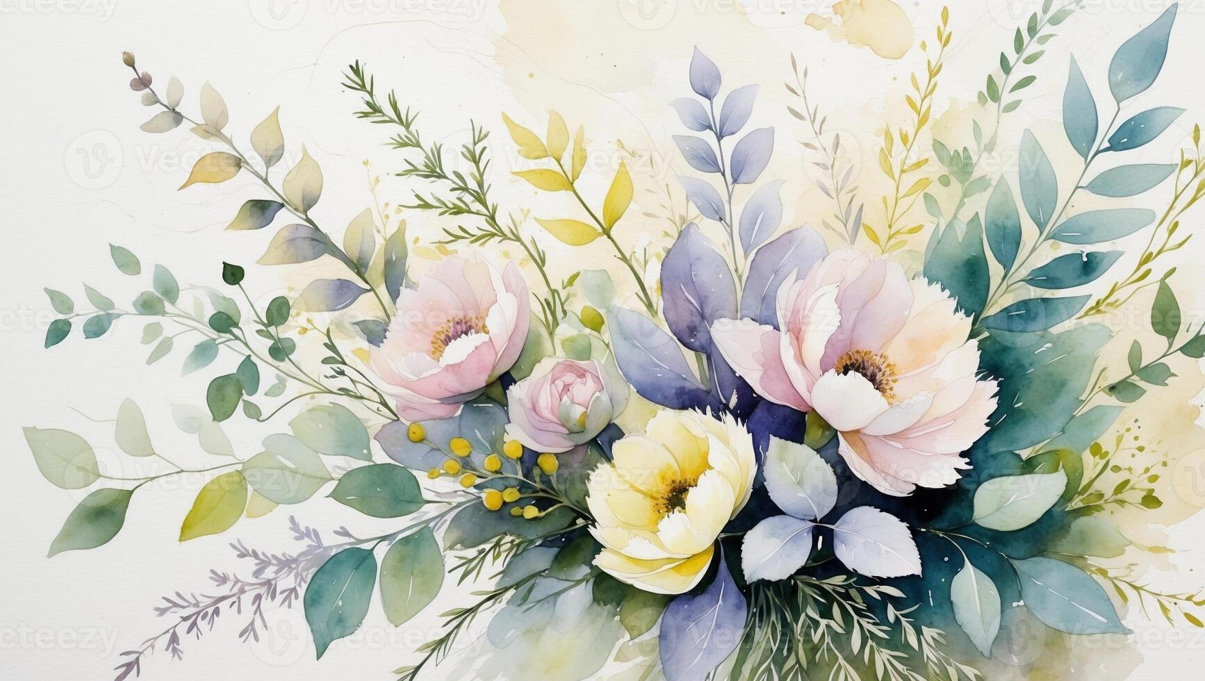 Beautiful watercolor floral arrangement featuring soft pink and yellow blooms with lush greenery photo