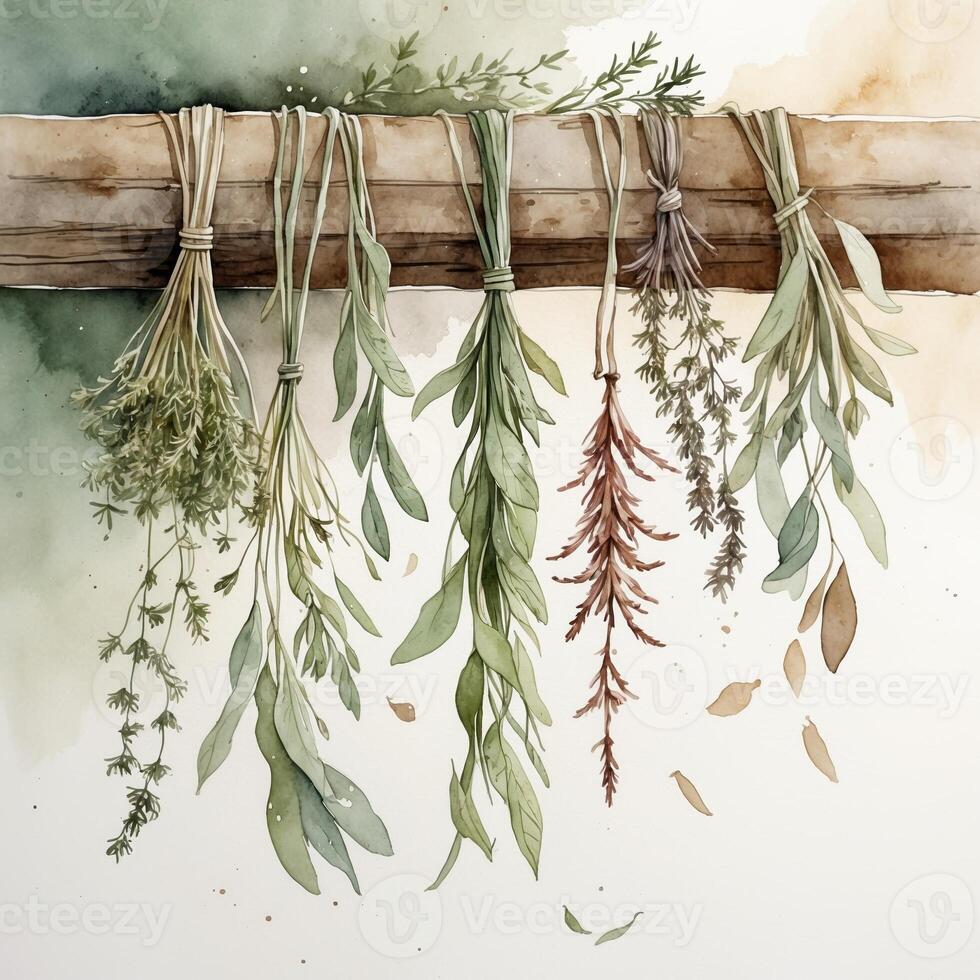 Drying various herbs on a wooden rack in a calm environment during midday light photo