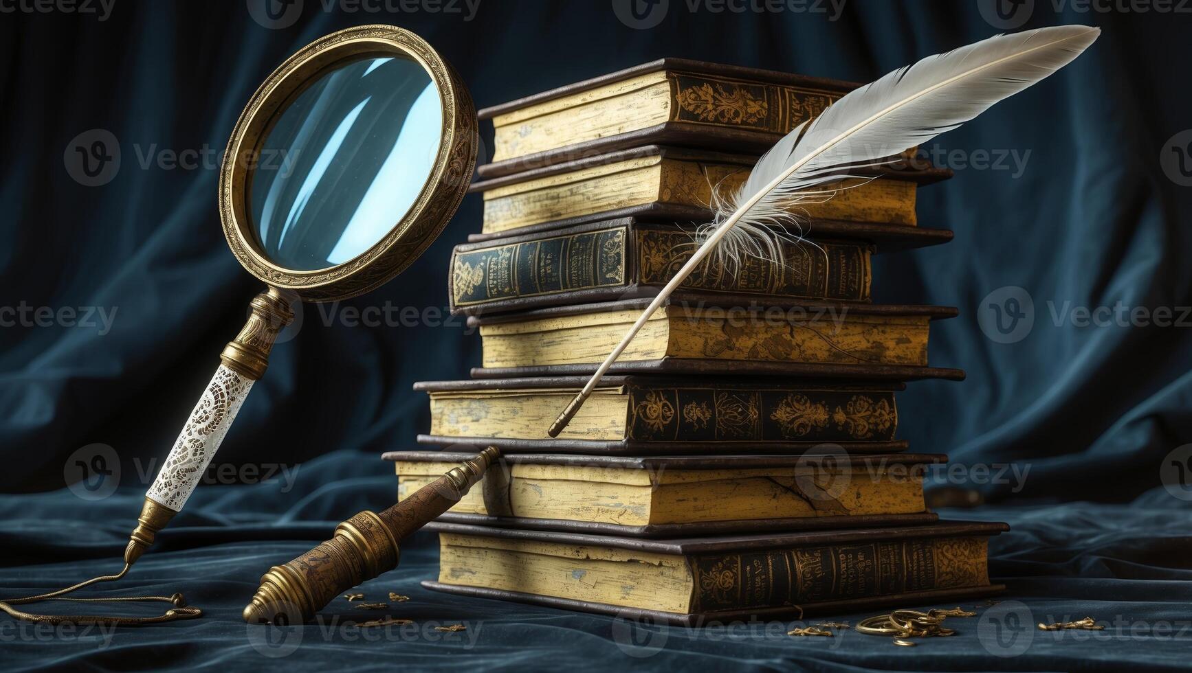 Antique books and writing tools create an atmosphere of knowledge and discovery in a cozy study photo