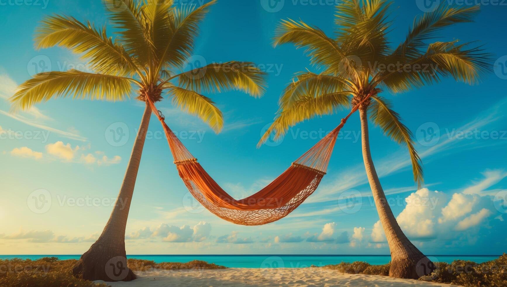 Relaxing hammock strung between palm trees on tranquil beach during sunset photo