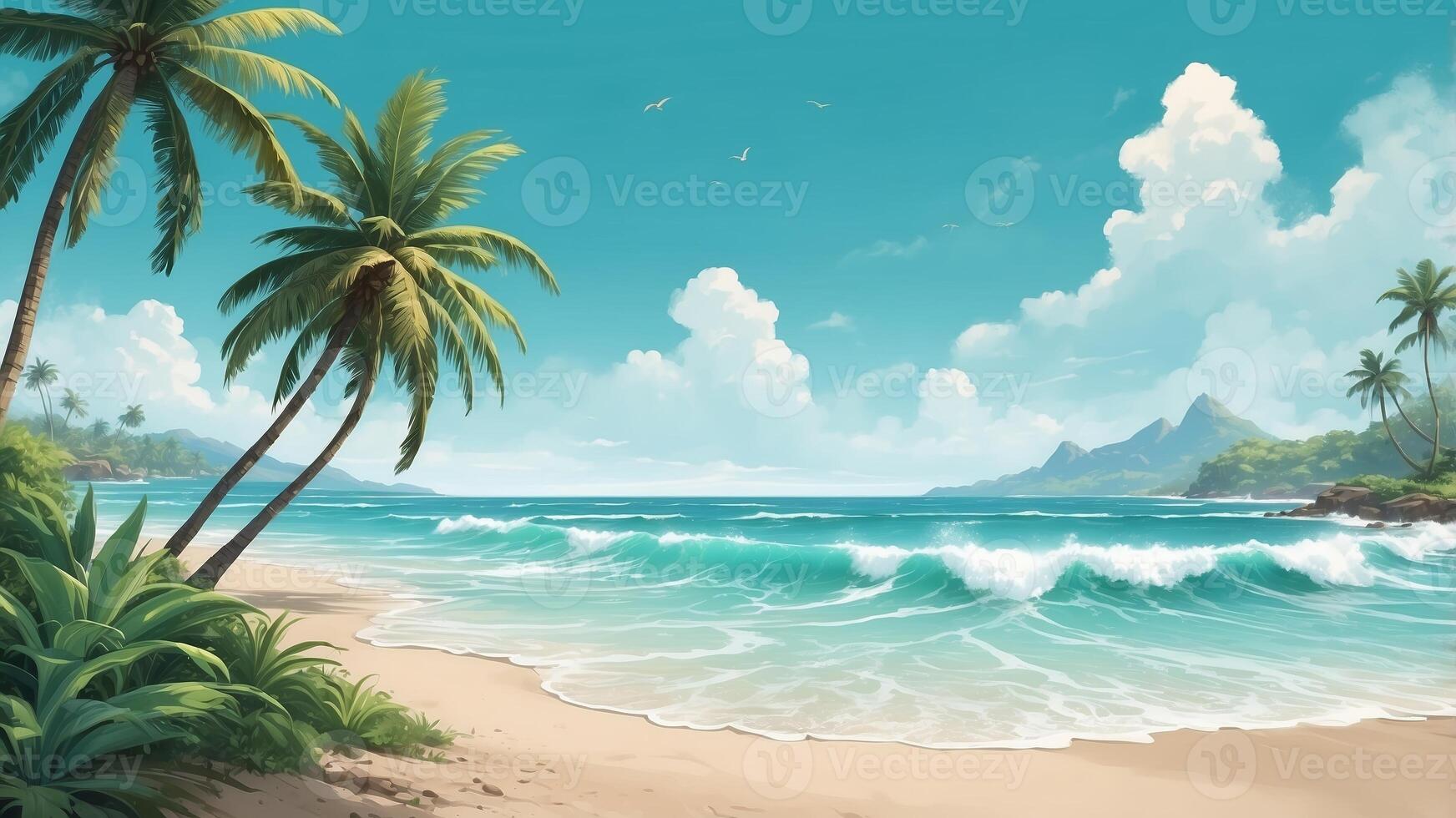 Serene tropical beach with gentle waves and lush palm trees under a blue sky photo