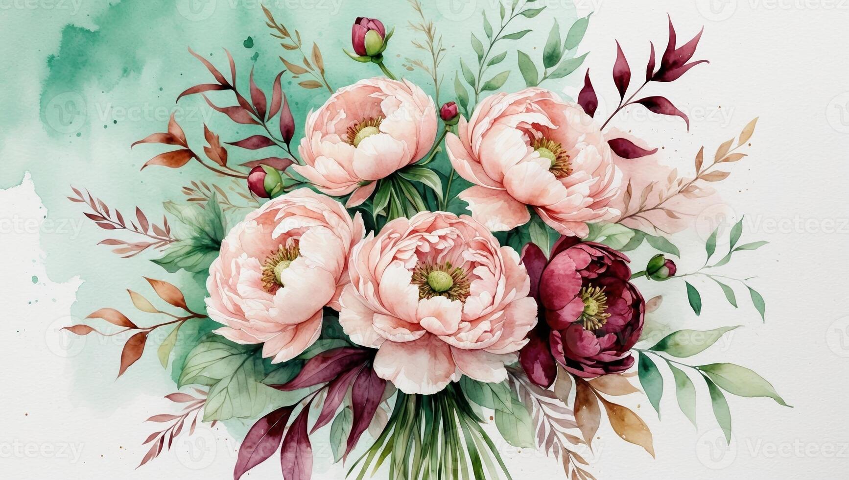 Beautiful watercolor floral arrangement featuring peonies and green leaves on a light background photo