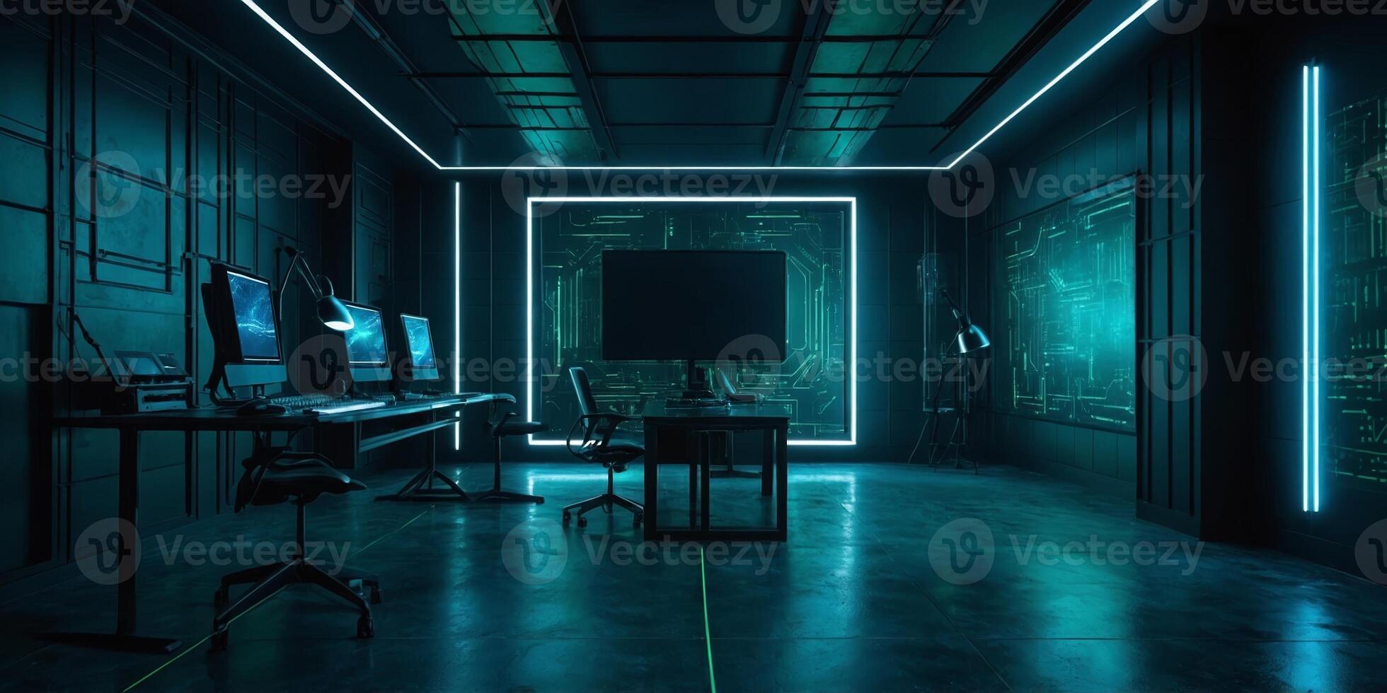 High-tech workspace with glowing blue accents and modern equipment for digital innovation and creativity photo