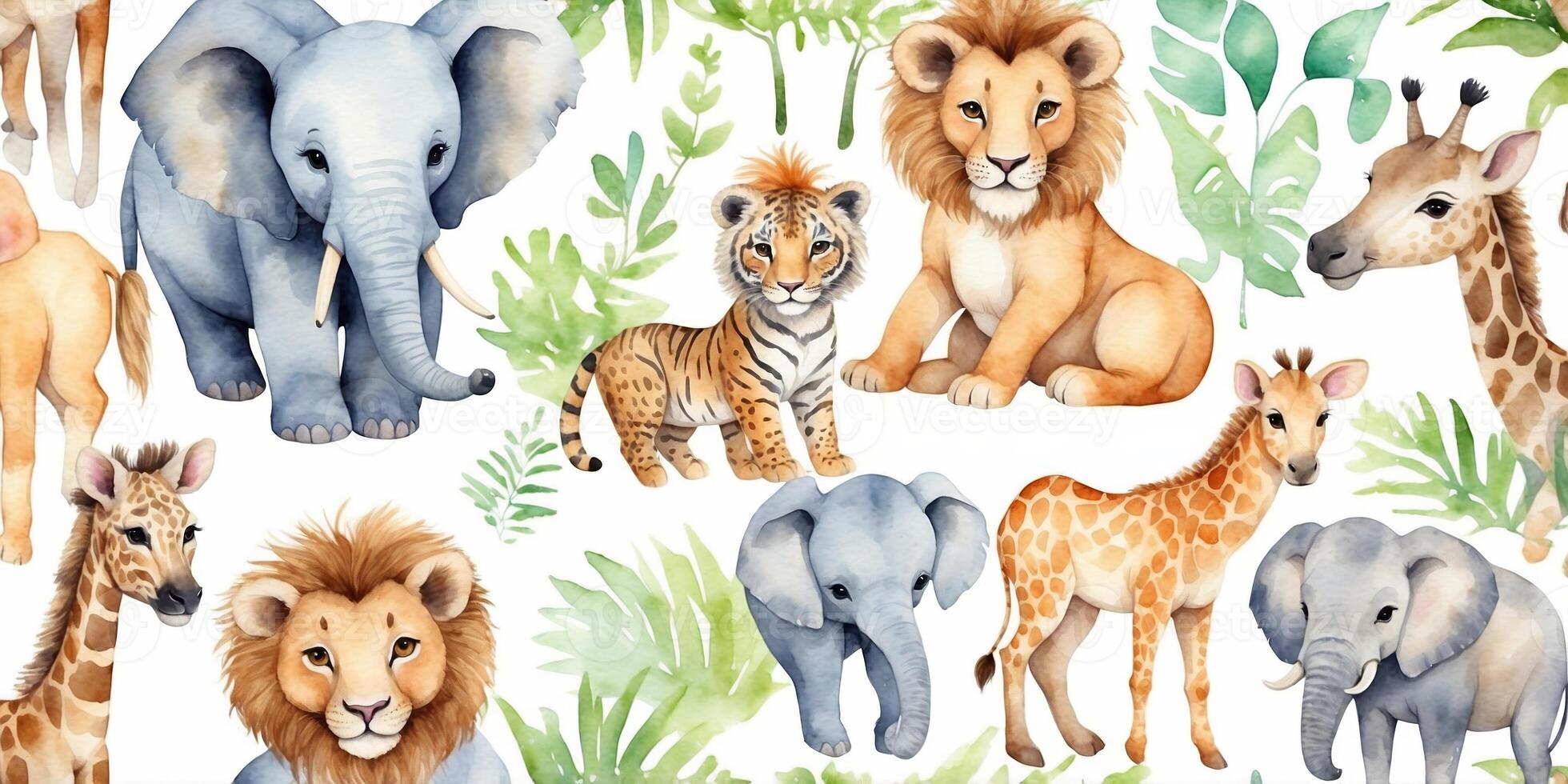 Wildlife illustration featuring diverse animals in a lush background with greenery photo