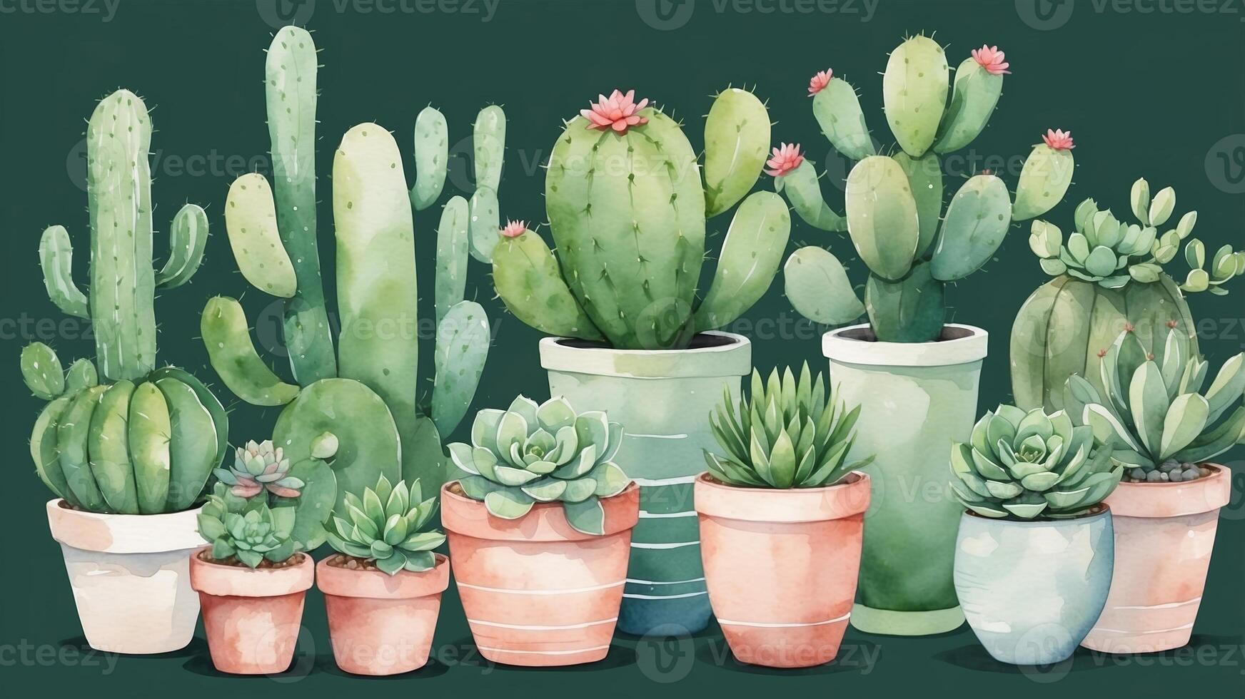 Colorful collection of cacti and succulents in pots on a dark green background showcasing the beauty of indoor plants photo