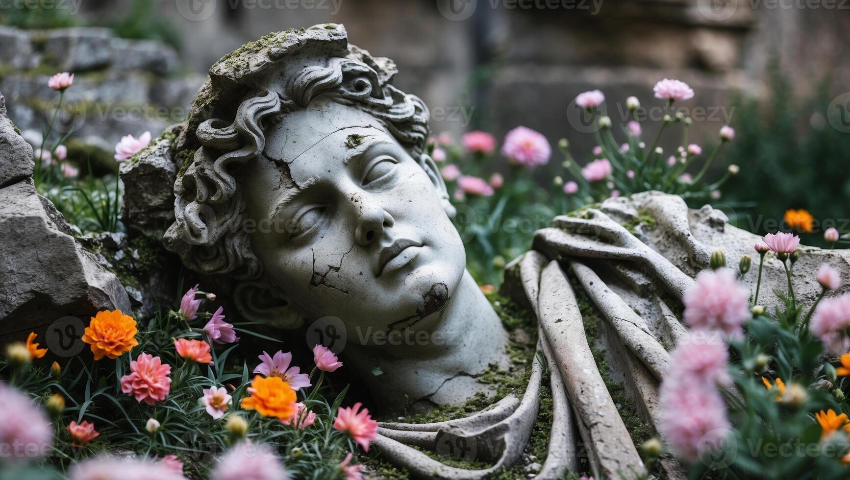 Ancient statue surrounded by colorful flowers in a serene garden setting during daylight photo