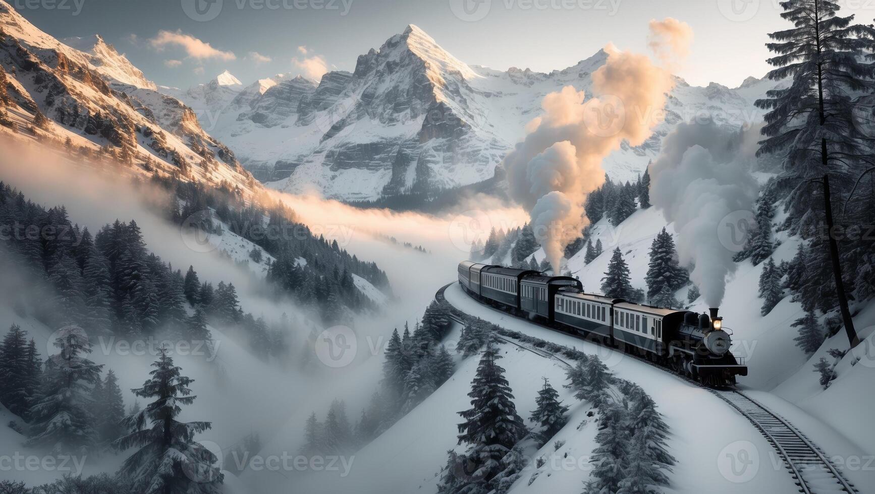 Historic steam train navigates snowy mountains in tranquil winter landscape photo