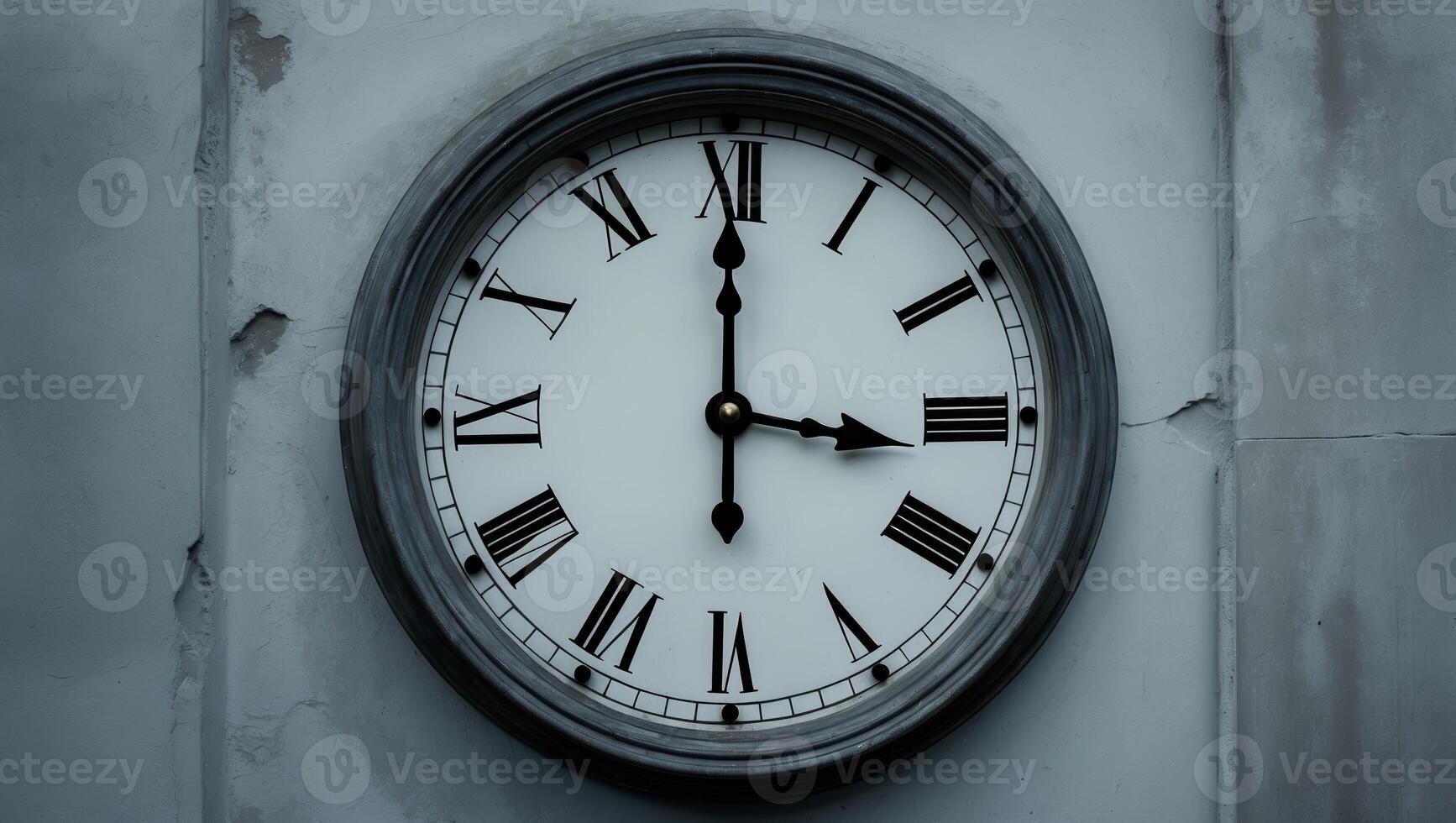 Vintage clock on a weathered wall showing time in a monochrome setting photo