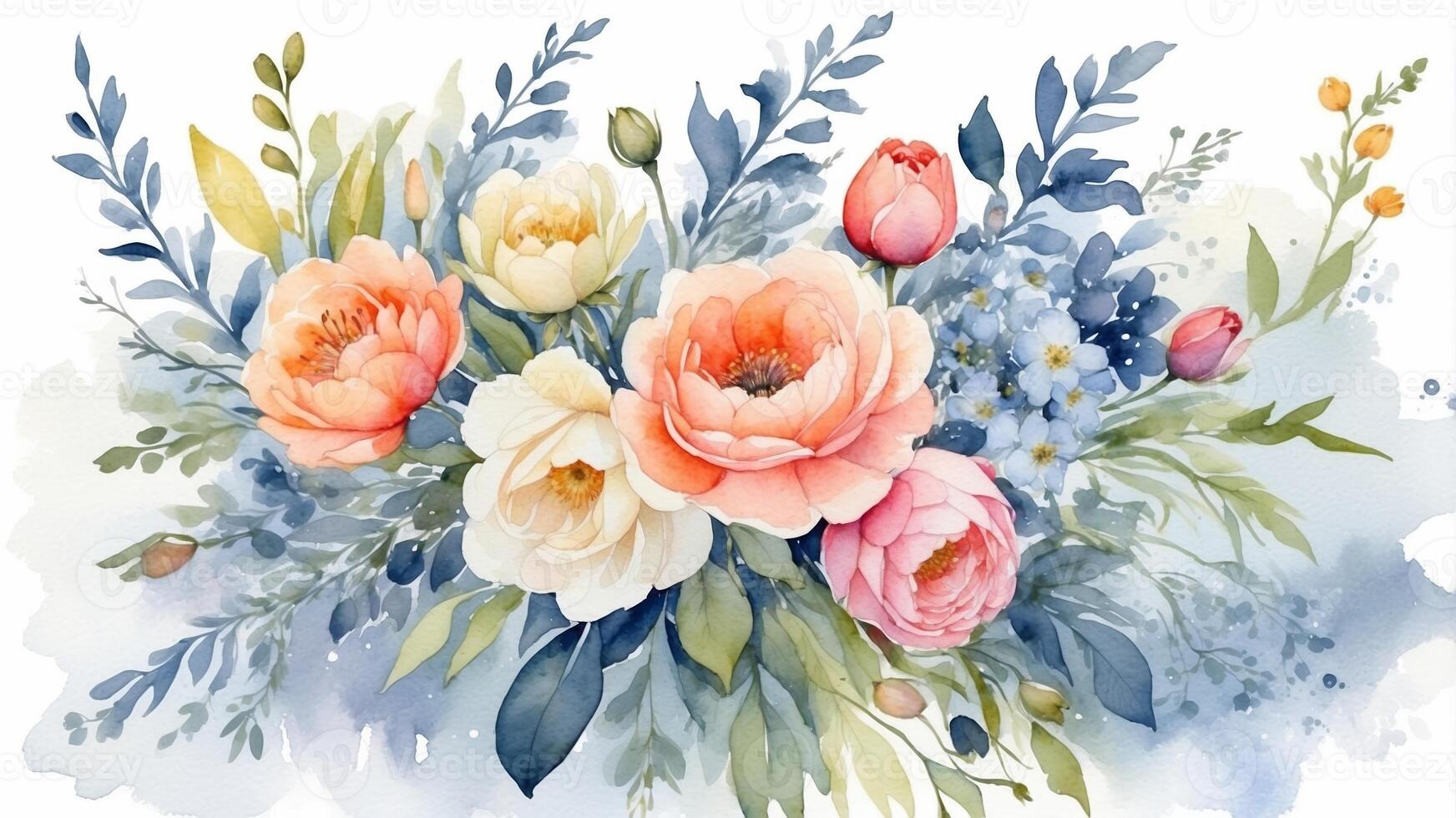 Colorful floral arrangement showcasing peonies, roses, and greenery in a serene setting, perfect for spring decoration photo