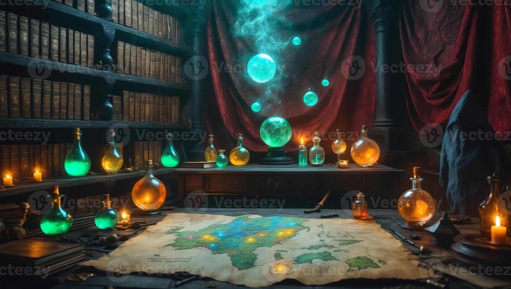 Mystical alchemy lab with glowing potions and ancient books in a dimly lit study photo