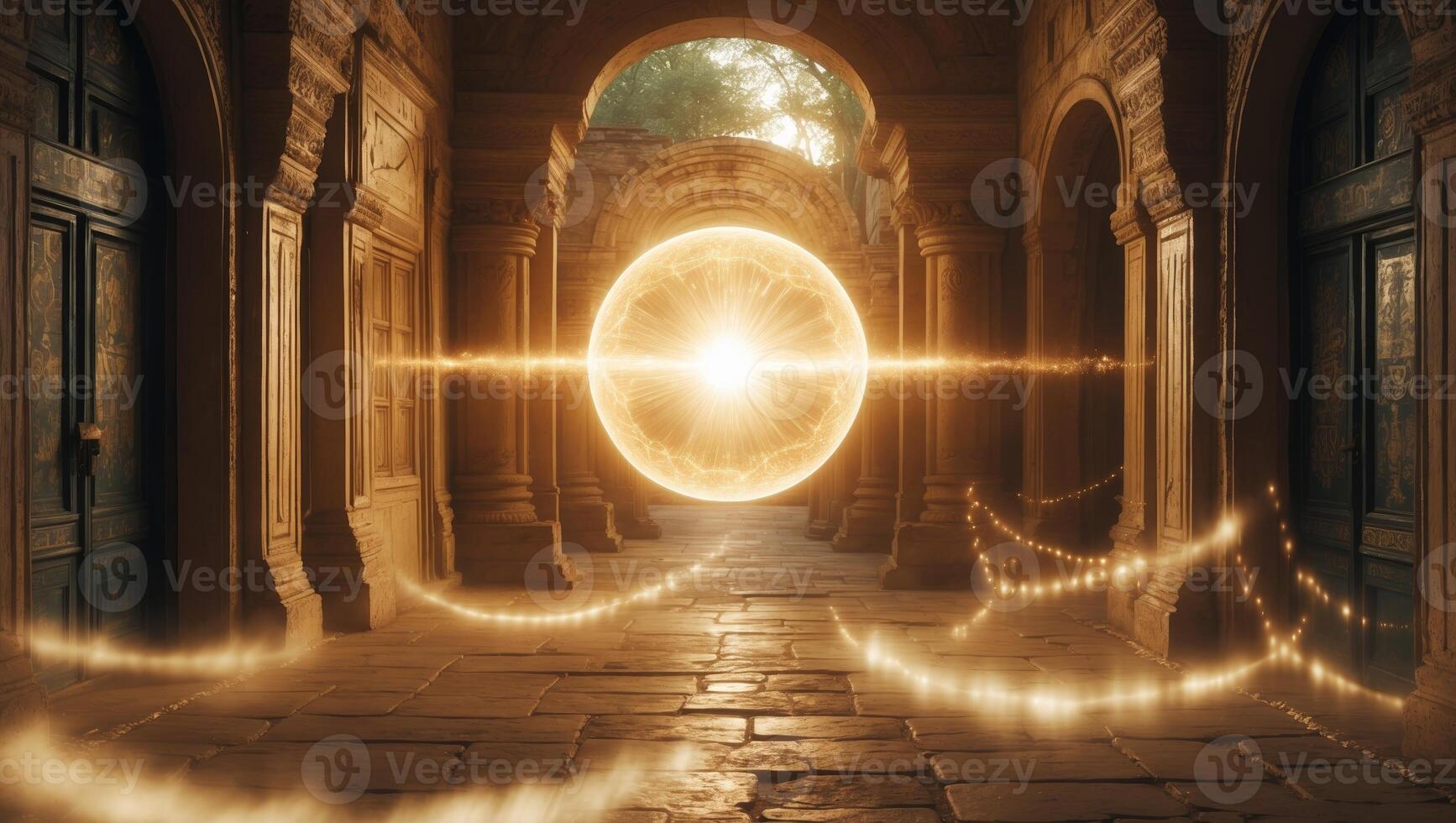 Mystical glowing orb illuminates ancient stone architecture in a serene courtyard during twilight photo