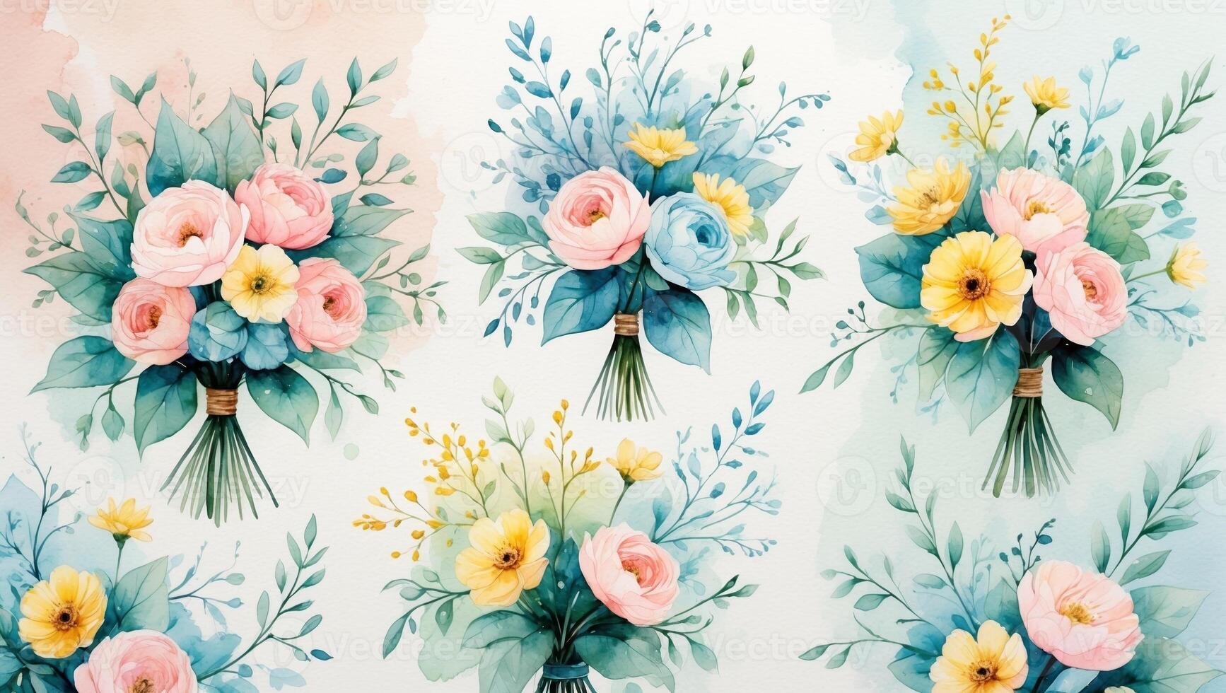 Floral arrangements with pastel colors and delicate details are displayed on a soft background in a creative design layout photo