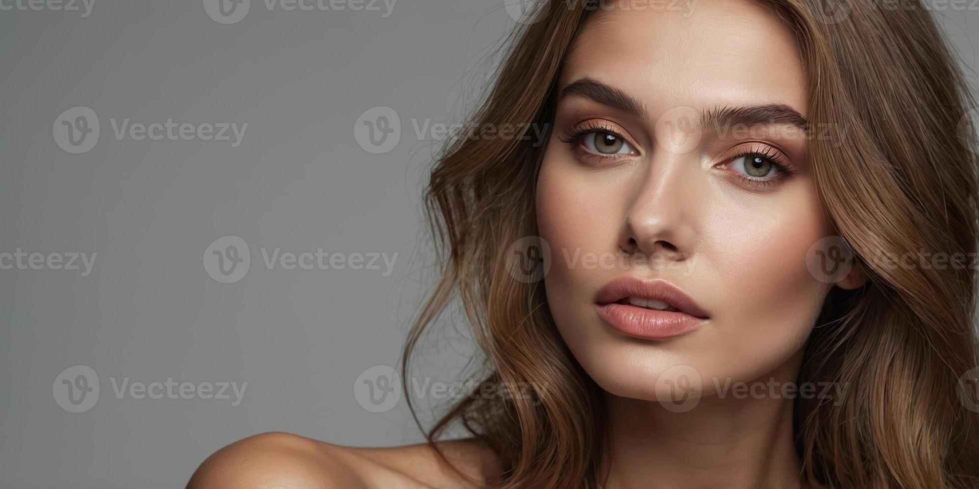 Model poses gracefully against a neutral background highlighting her natural beauty and expressive eyes during a studio photoshoot photo