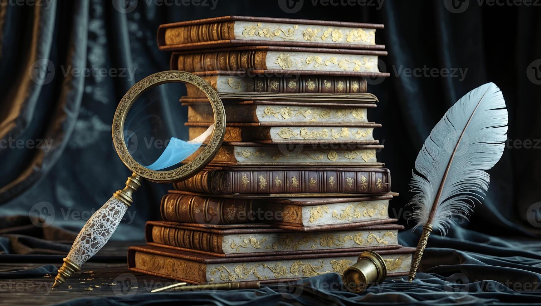 Antique books with a feather quill and magnifying glass displayed on a dark velvet background photo