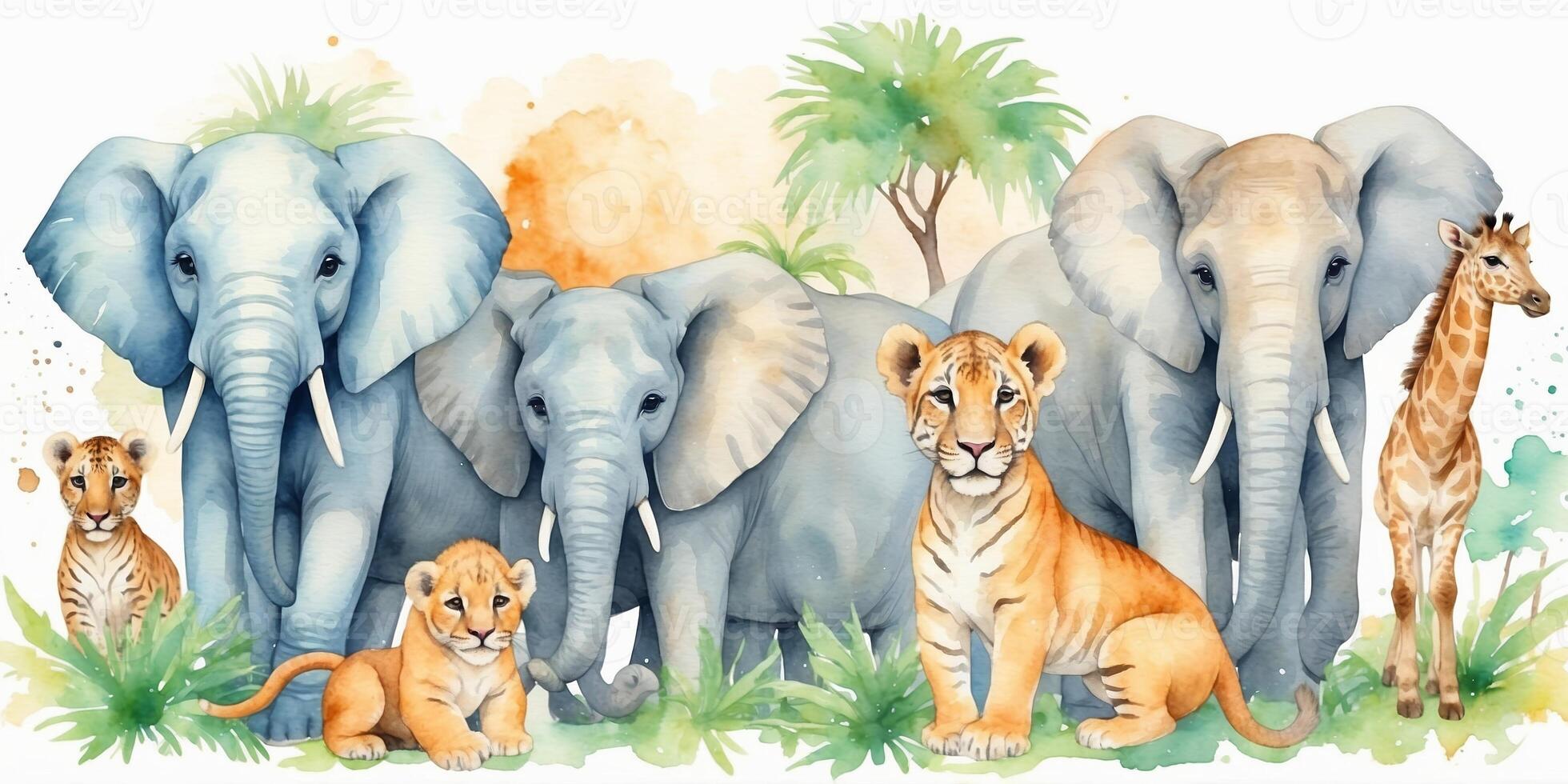 Wildlife scene depicting elephants, a tiger, and a giraffe in a lush environment with greenery and trees photo