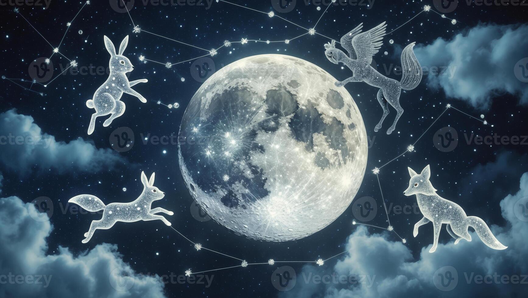 Night sky features mystical animals against a full moon with clouds and constellations present photo