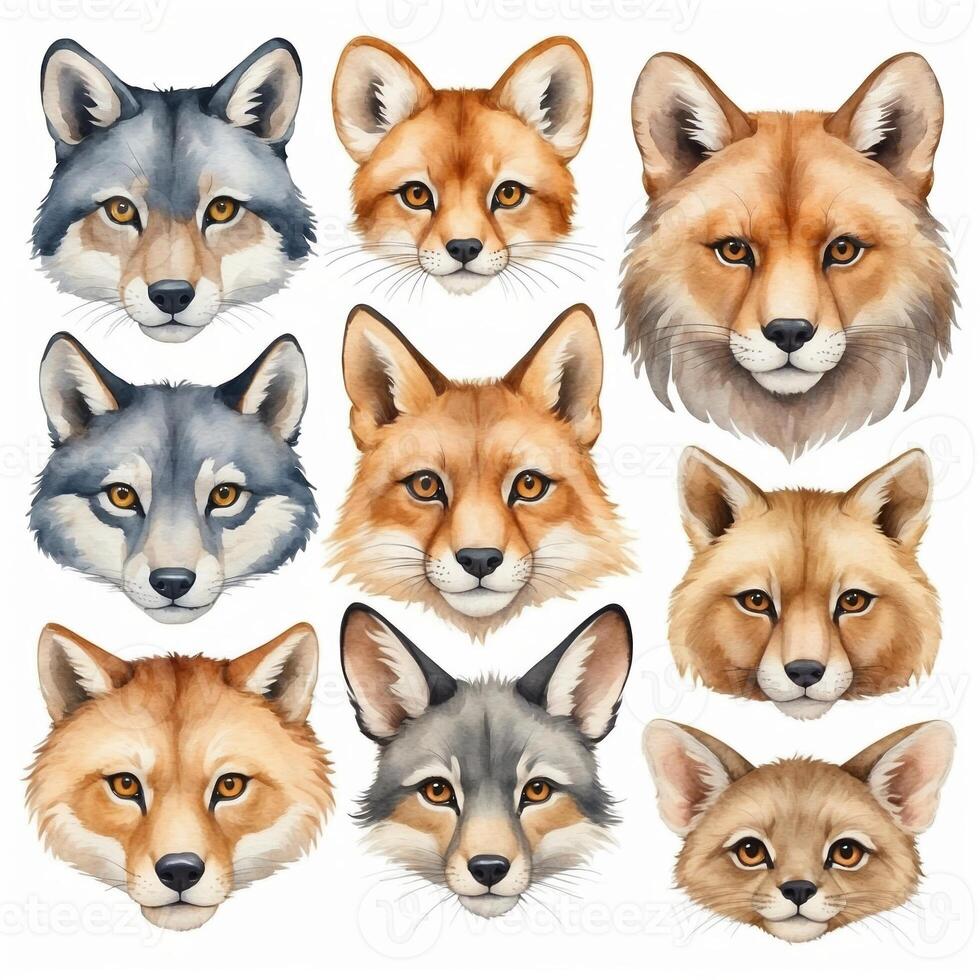 Various faces of foxes and wolves illustrated in a detailed artistic style photo