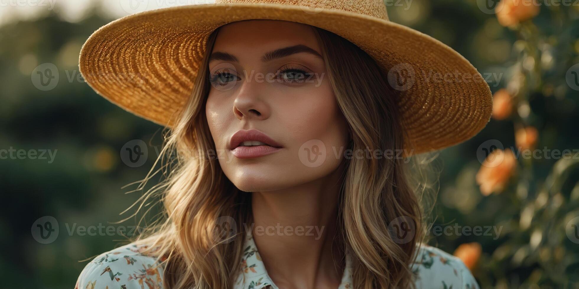 Woman wearing a straw hat in a lush garden during golden hour, capturing a serene moment of beauty and tranquility photo
