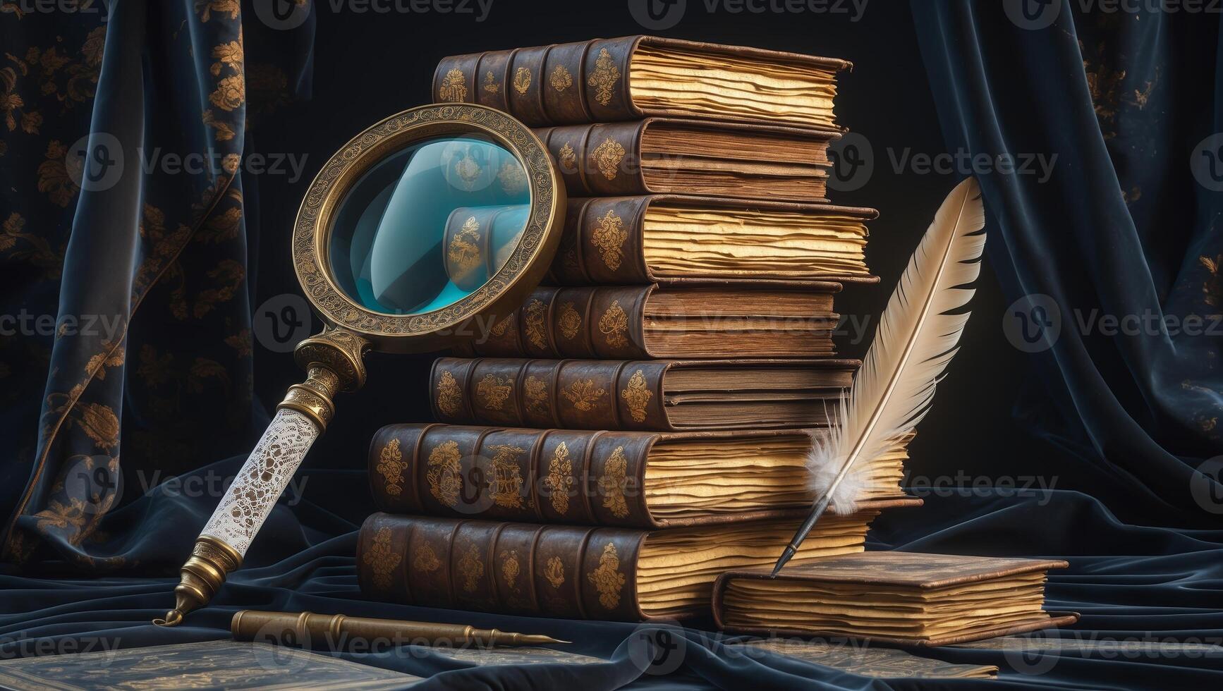 Vintage books, a magnifying glass, and a quill placed elegantly on a dark table setting suggest a classic literary theme photo