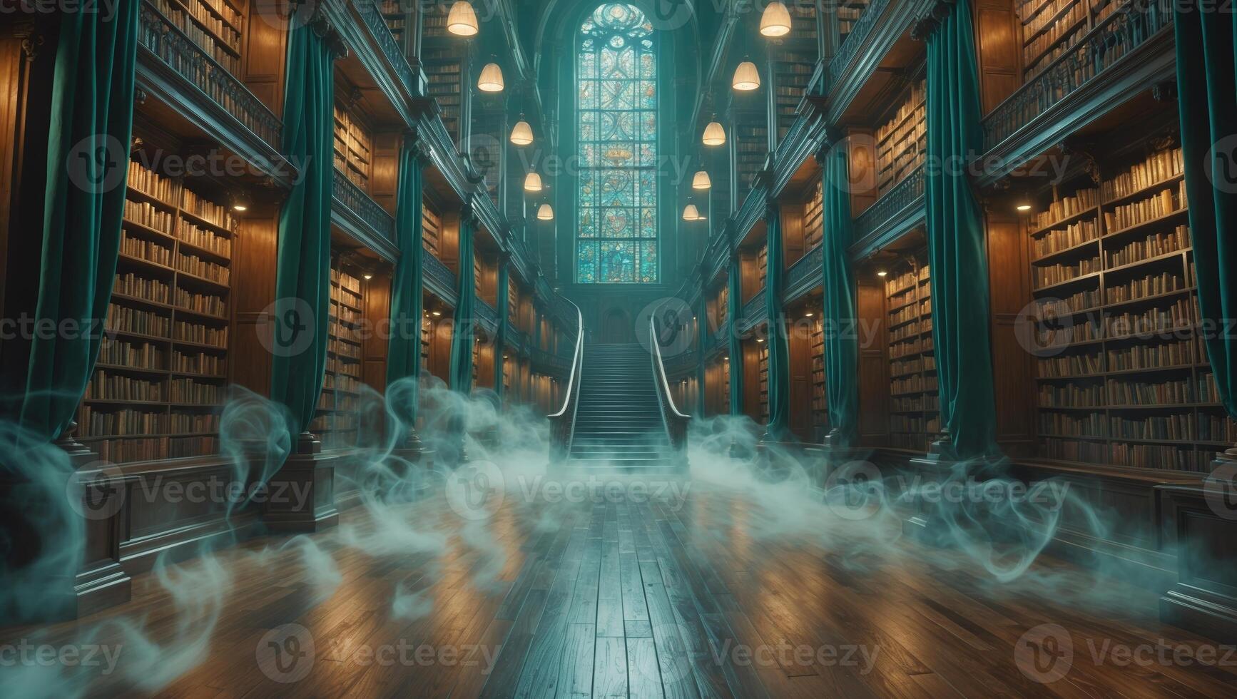 Mysterious library interior with staircase and ethereal fog at twilight photo