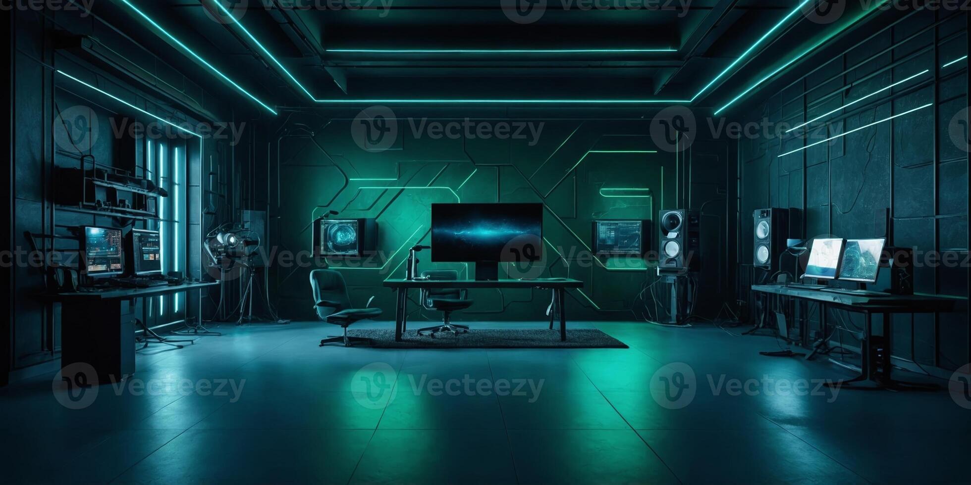 Modern tech workspace with neon lighting and advanced equipment for productivity and creativity photo