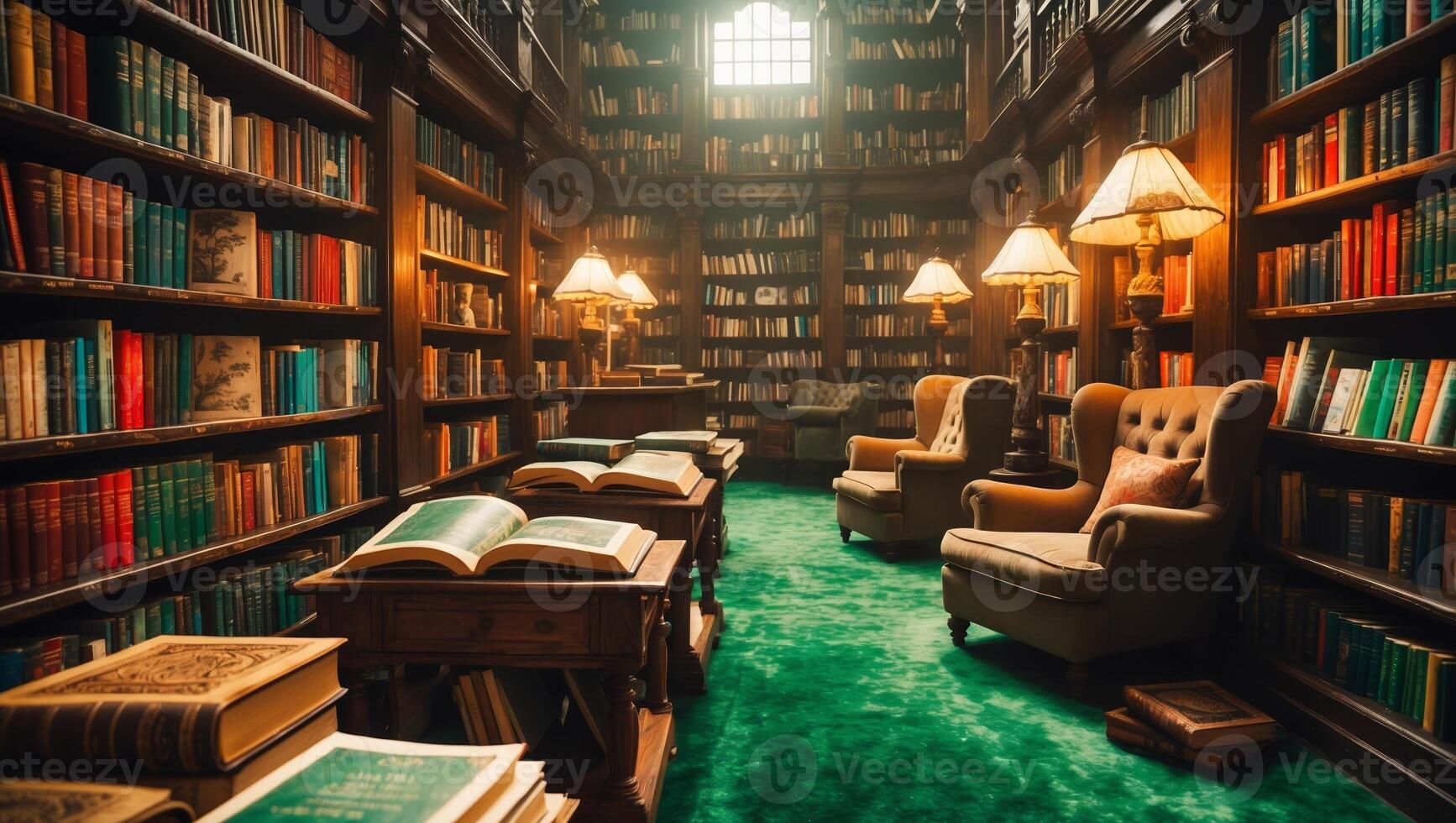 Cozy reading nook in a grand library filled with vintage books and warm lighting during a peaceful afternoon photo