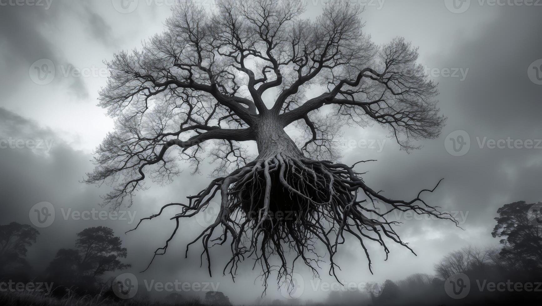 Majestic tree with exposed roots stands against a dramatic sky in a monochrome landscape photo