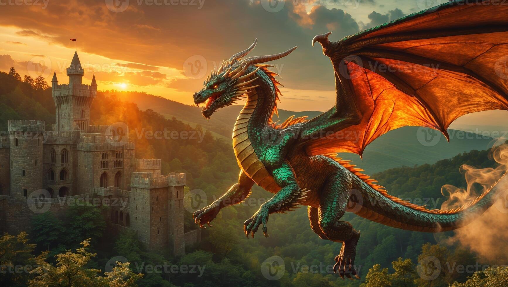Majestic dragon soaring above ancient castle at sunset with misty mountains in background photo