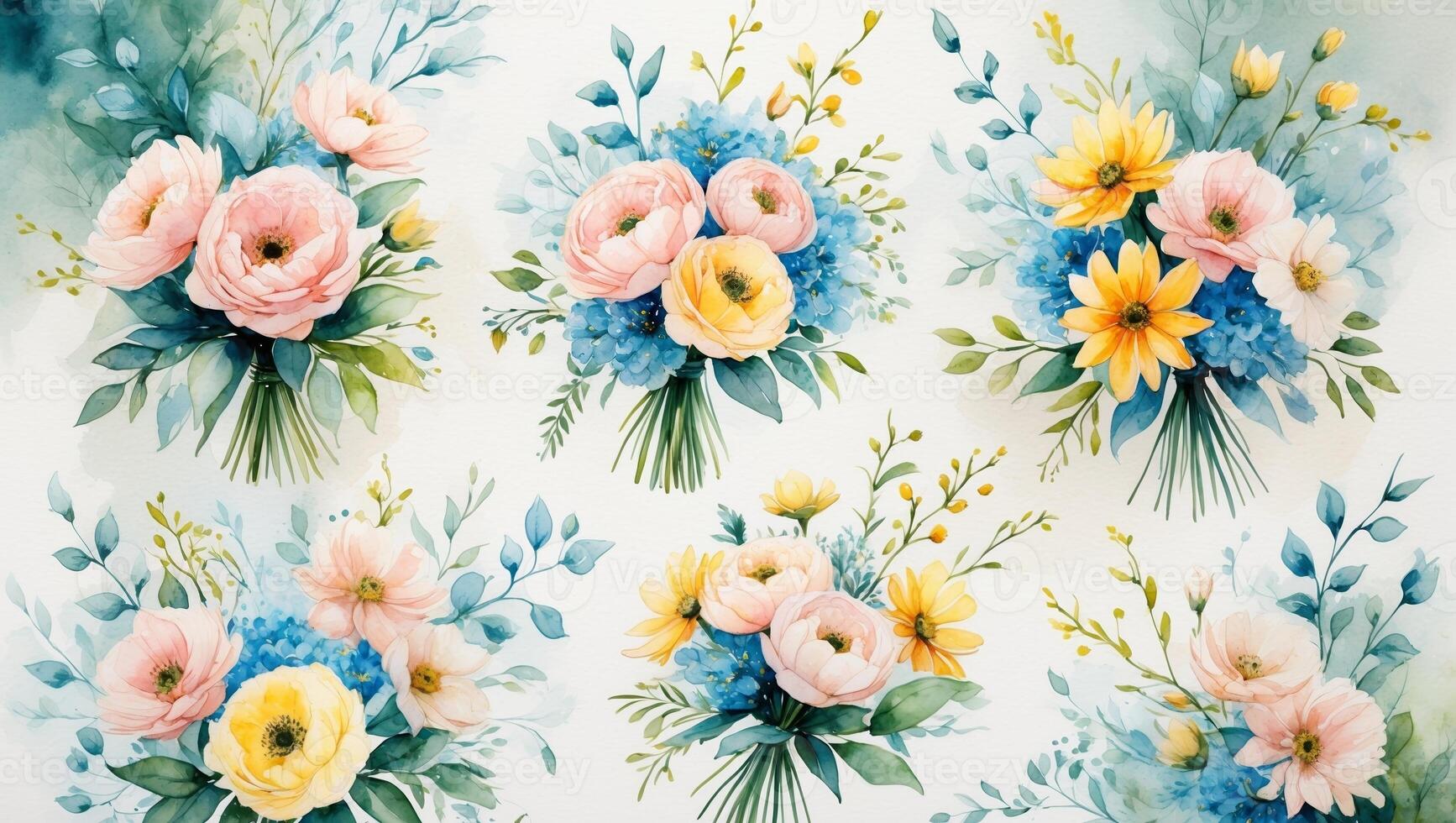 Colorful floral arrangement design featuring pink, blue, and yellow flowers in a bright setting photo