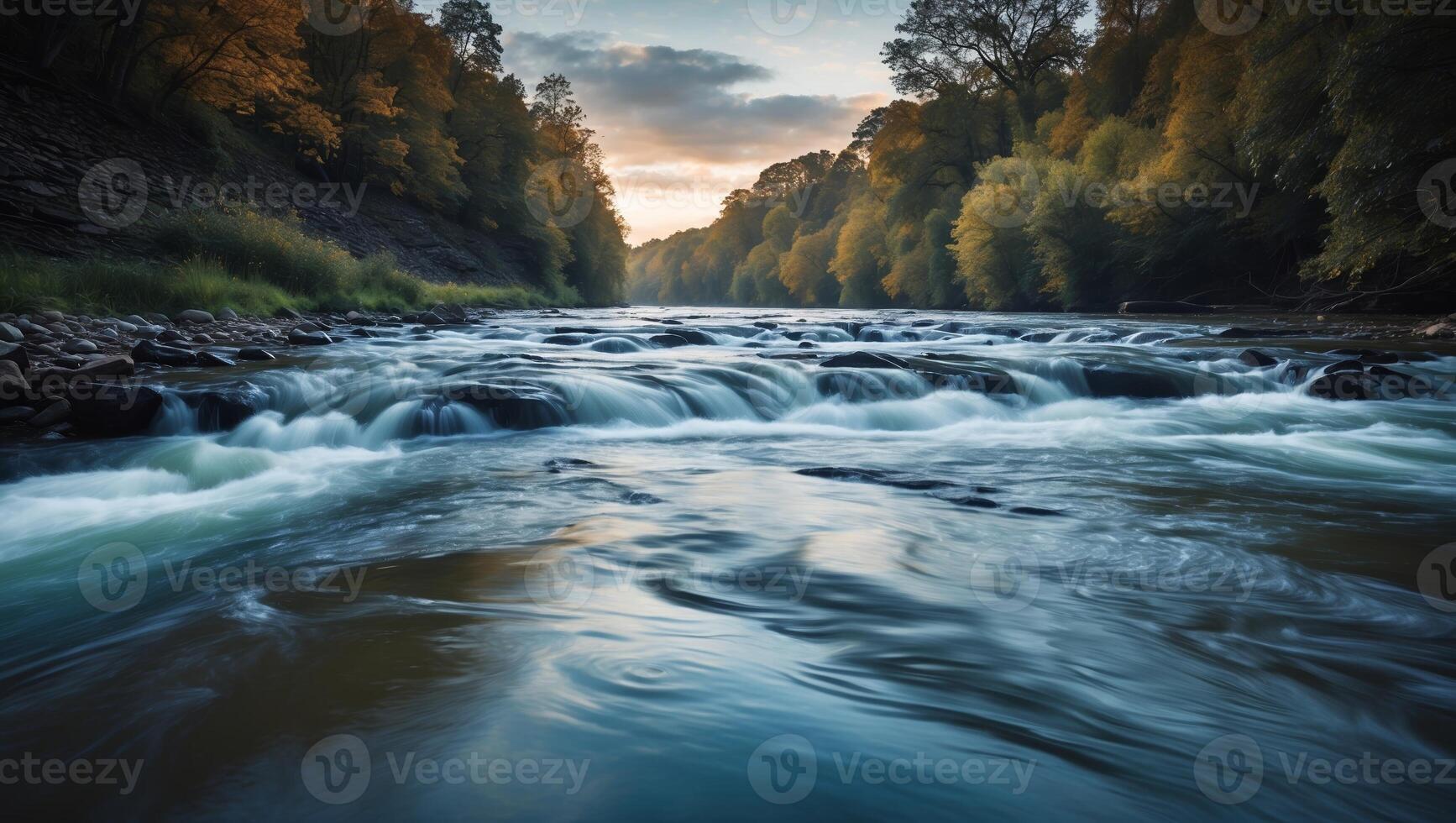 Capturing the tranquility of a flowing river at dusk with vibrant foliage along the banks photo