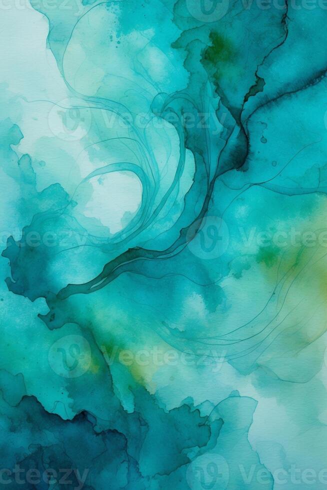 Swirling patterns of turquoise and green abstract watercolor painting with delicate texture and depth photo
