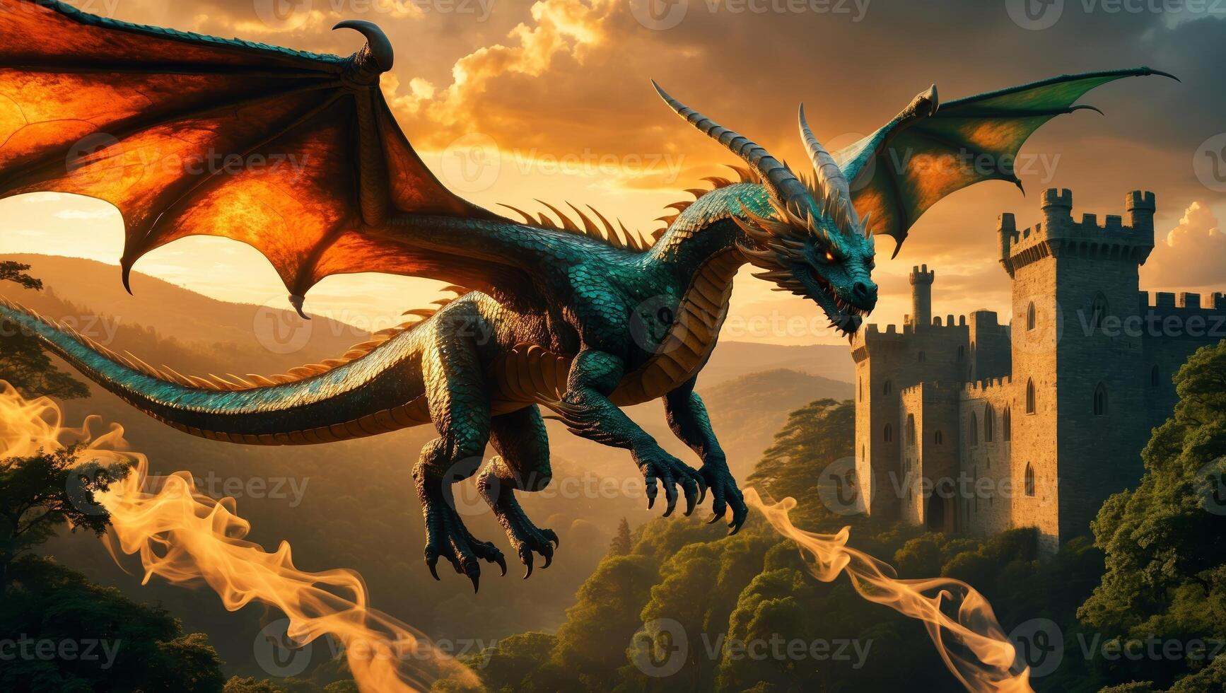 Majestic dragon soars through the sky above an ancient castle at sunset photo