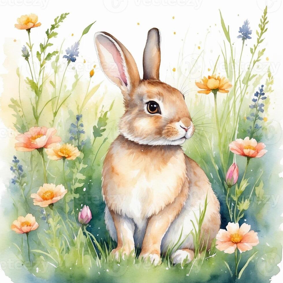 Rabbit sitting amidst wildflowers in a serene garden setting during a sunny afternoon photo