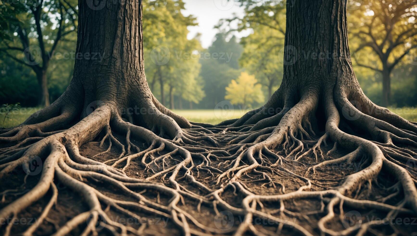 Roots intertwine under trees in a tranquil forest during the golden hour photo