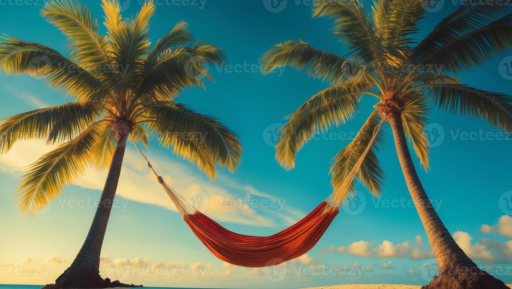 Relaxing in a hammock between palm trees on a tropical beach at sunset photo