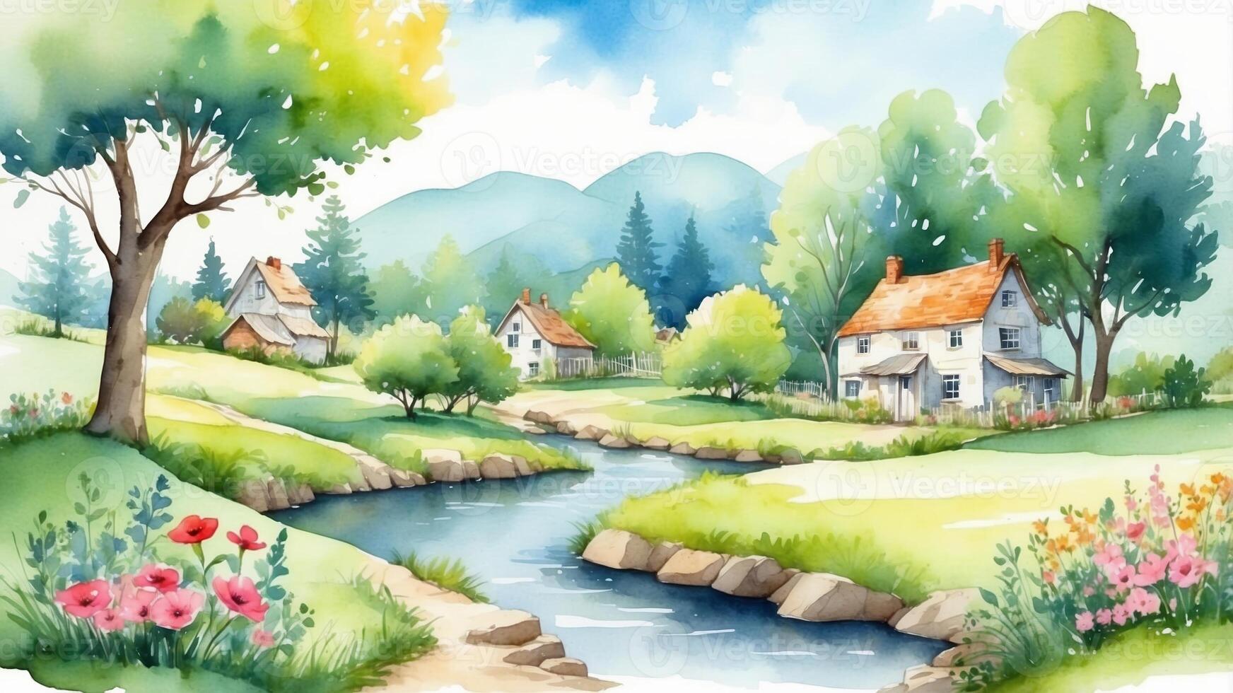 Tranquil countryside landscape with cottages and flowing stream during a sunny day photo