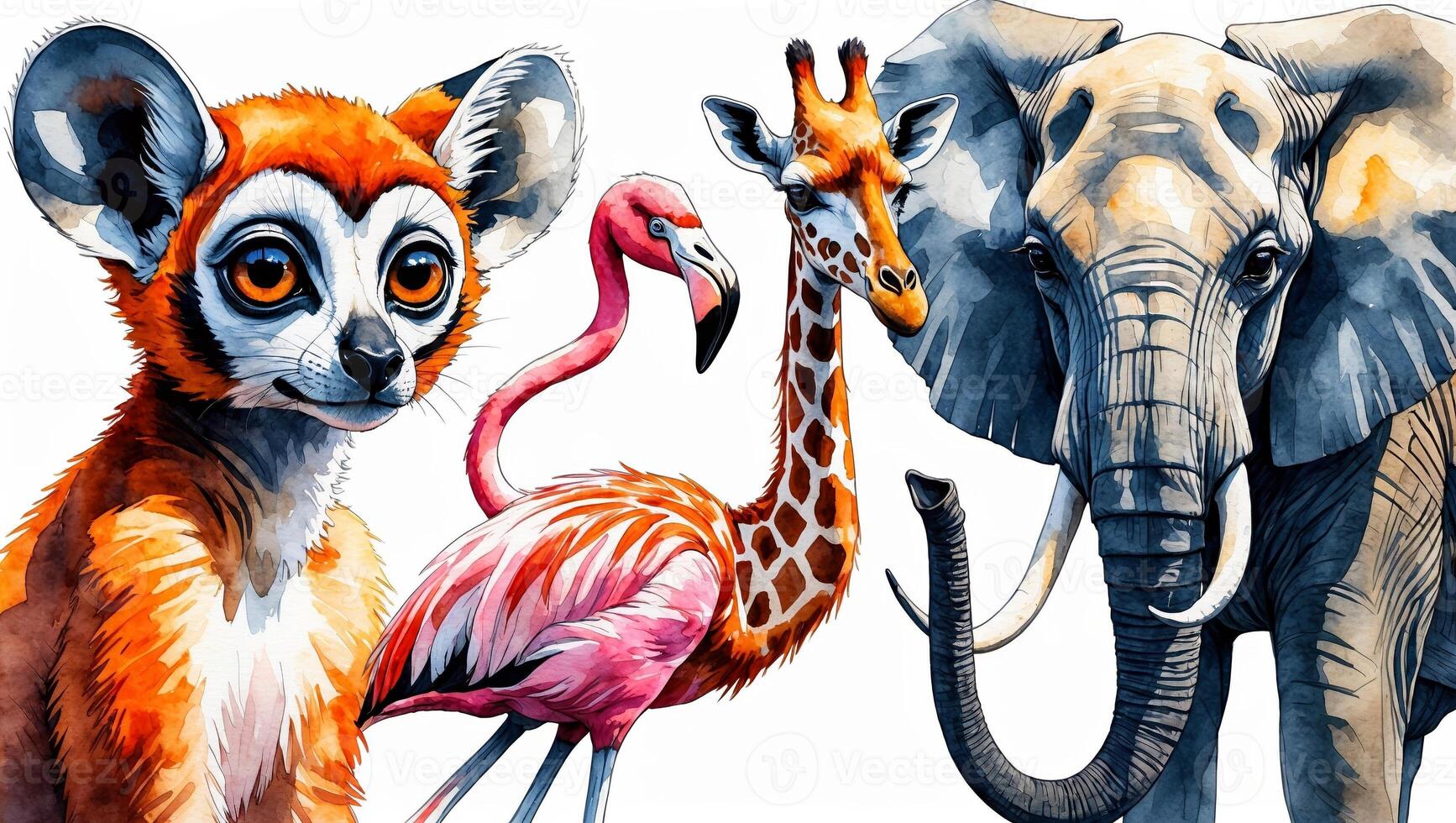 Wildlife illustration featuring a lemur, flamingo, giraffe, and elephant in vibrant colors photo