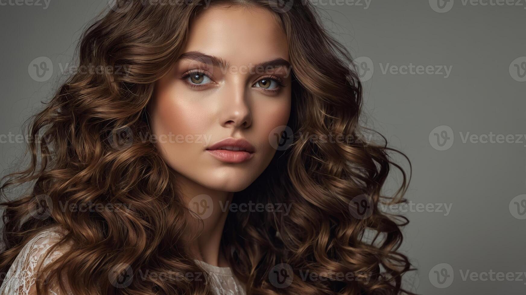 Brown-haired woman with curly locks poses for a portrait against a neutral background in a soft light setting photo
