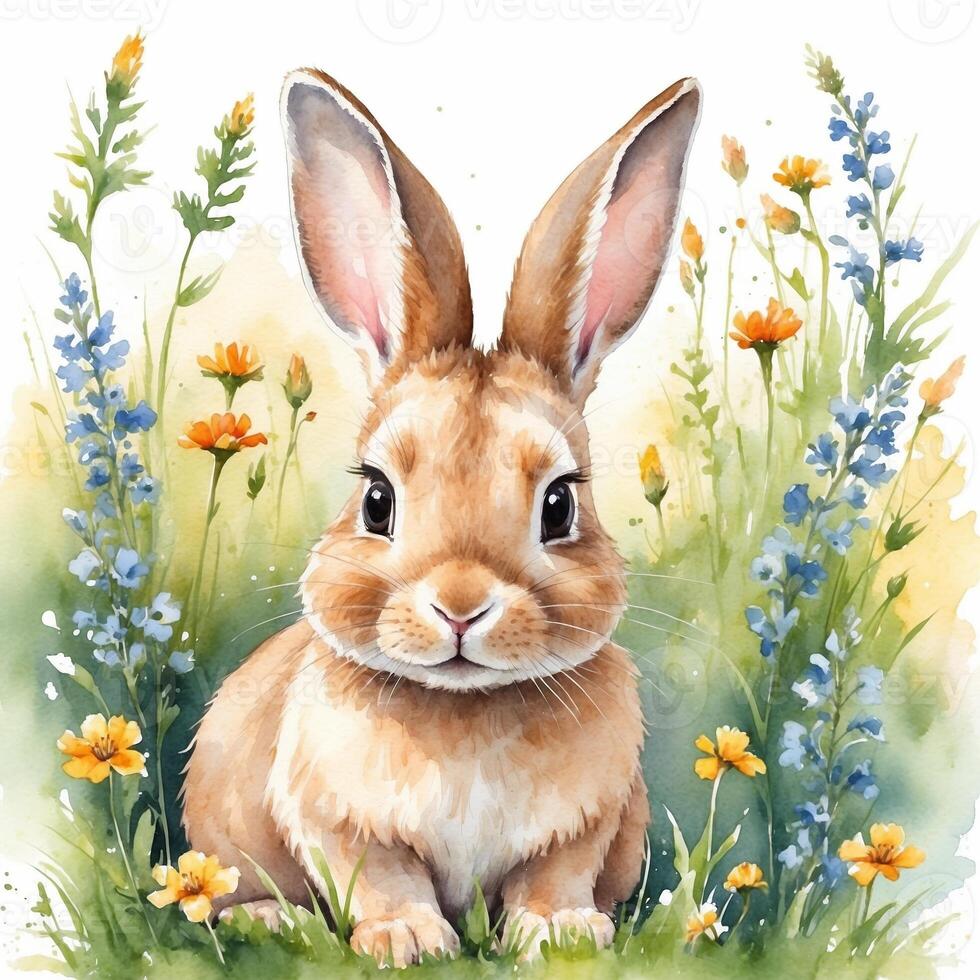 Cute rabbit surrounded by colorful wildflowers in a sunny meadow setting during springtime photo